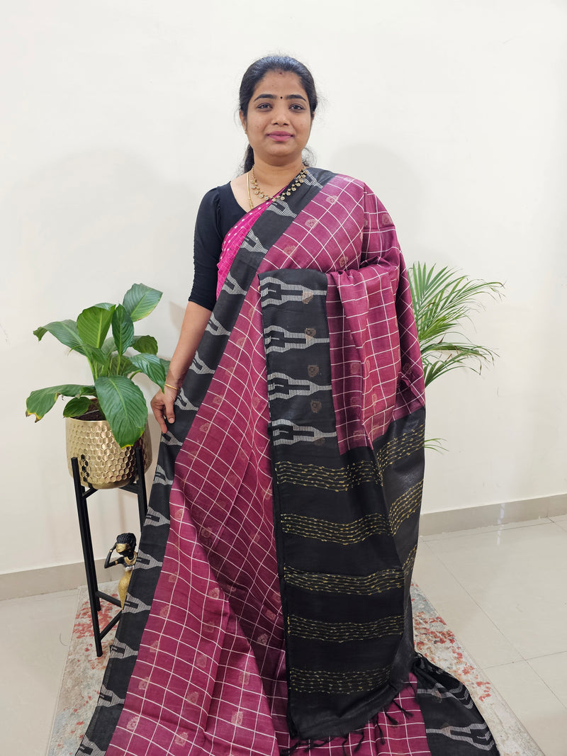 Soft Tussar by Cotton Checks - Magenta Pink with Black