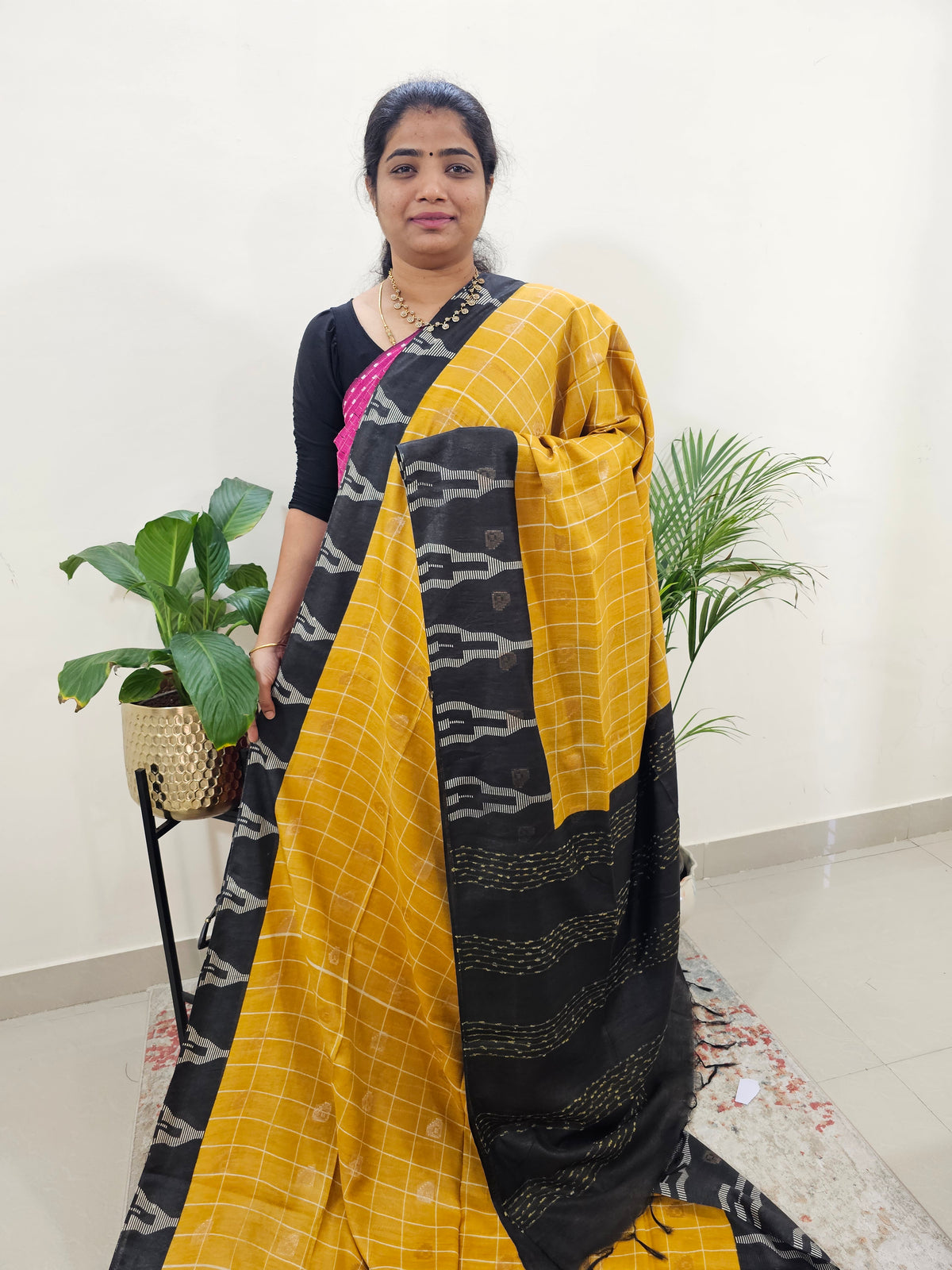 Soft Tussar by Cotton Checks - Yellow with Black