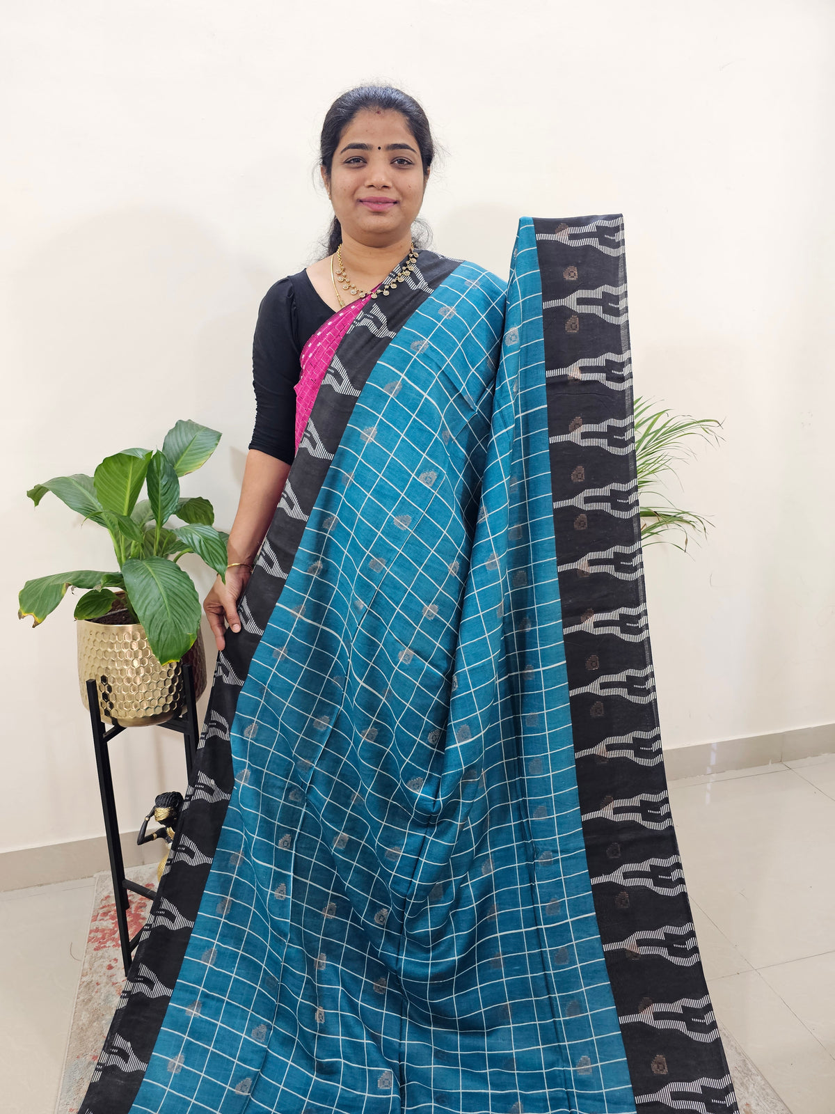 Soft Tussar by Cotton Checks -  Blue with Black