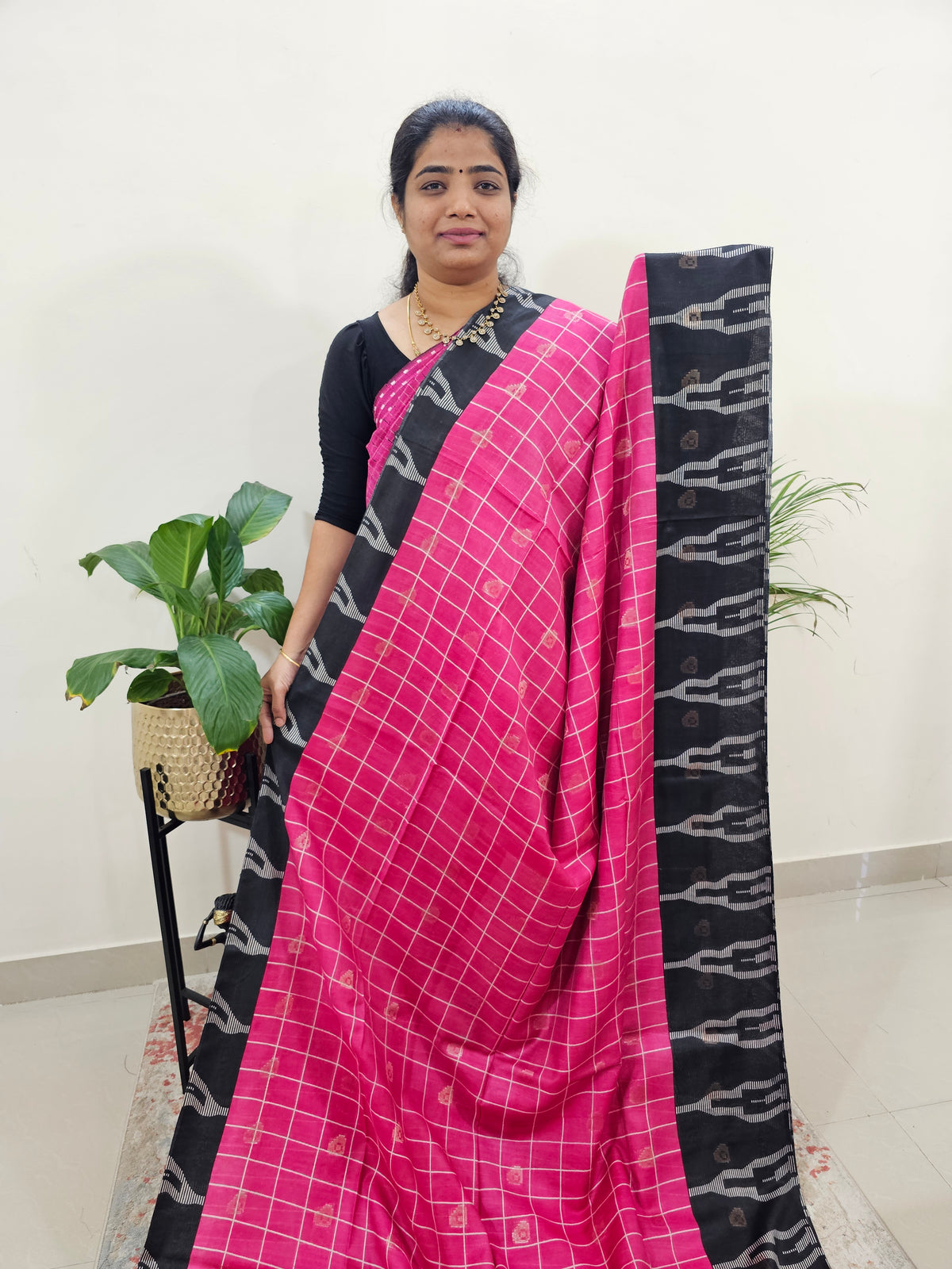 Soft Tussar by Cotton Checks -  Pink with Black