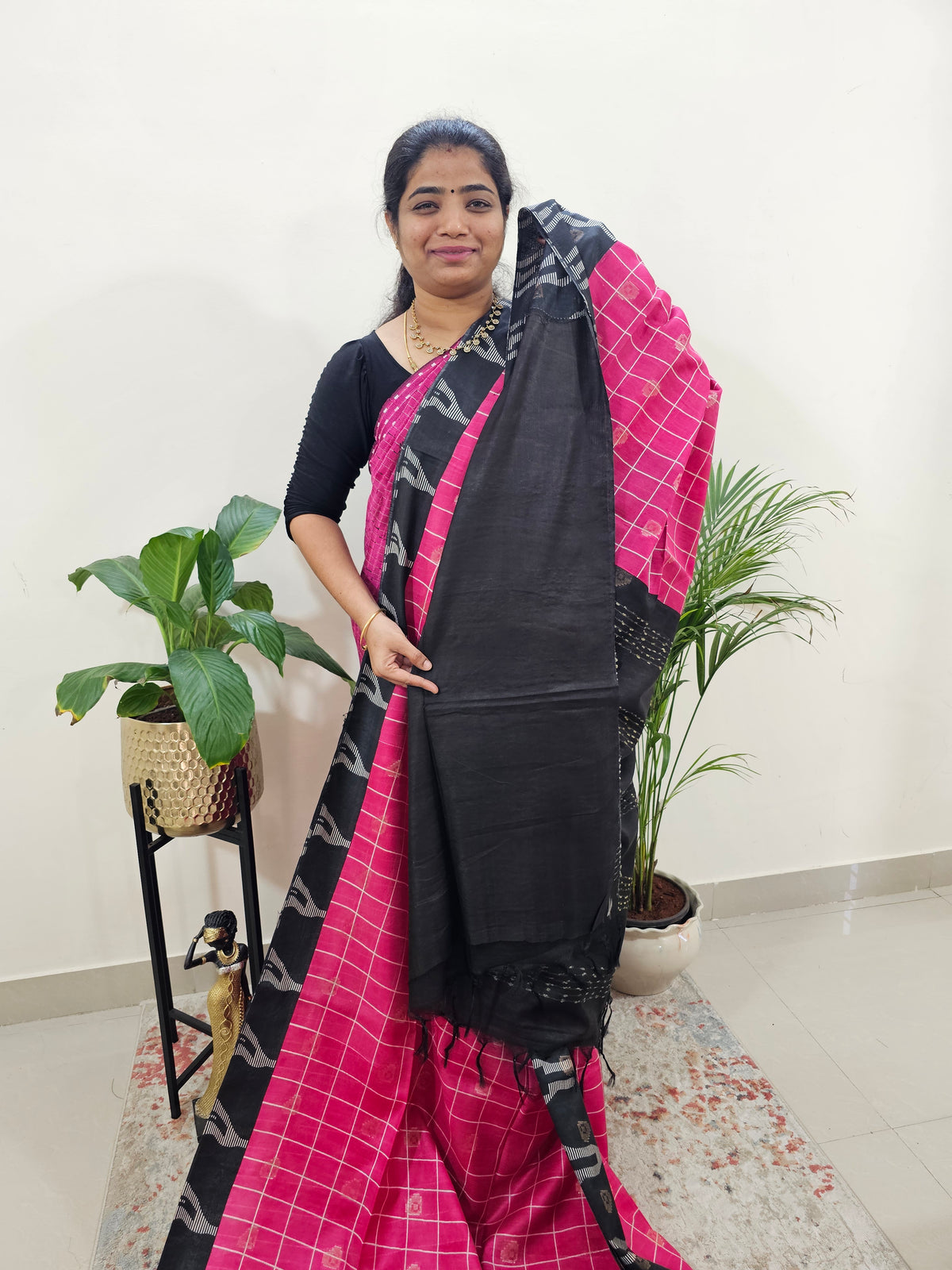 Soft Tussar by Cotton Checks -  Pink with Black