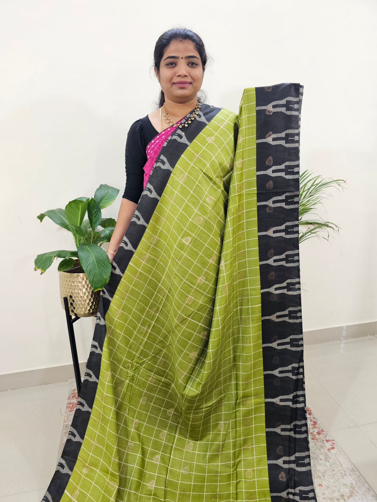 Soft Tussar by Cotton Checks -  Green with Black