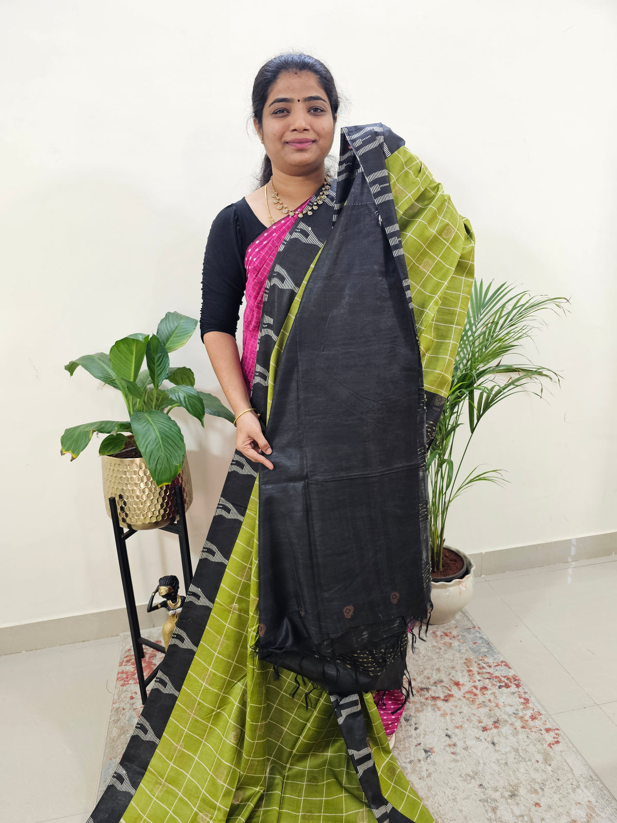 Soft Tussar by Cotton Checks -  Green with Black