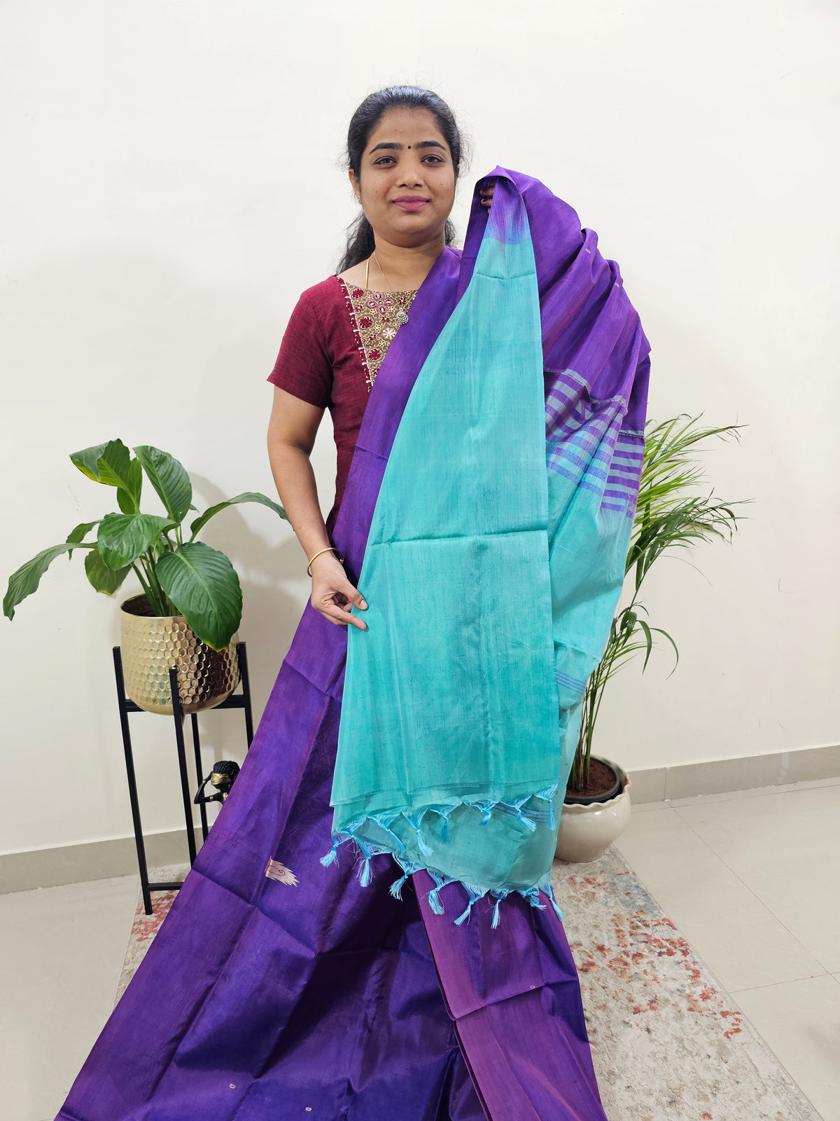 Purple with Sea Green Border Chinnalampattu Saree with Blouse