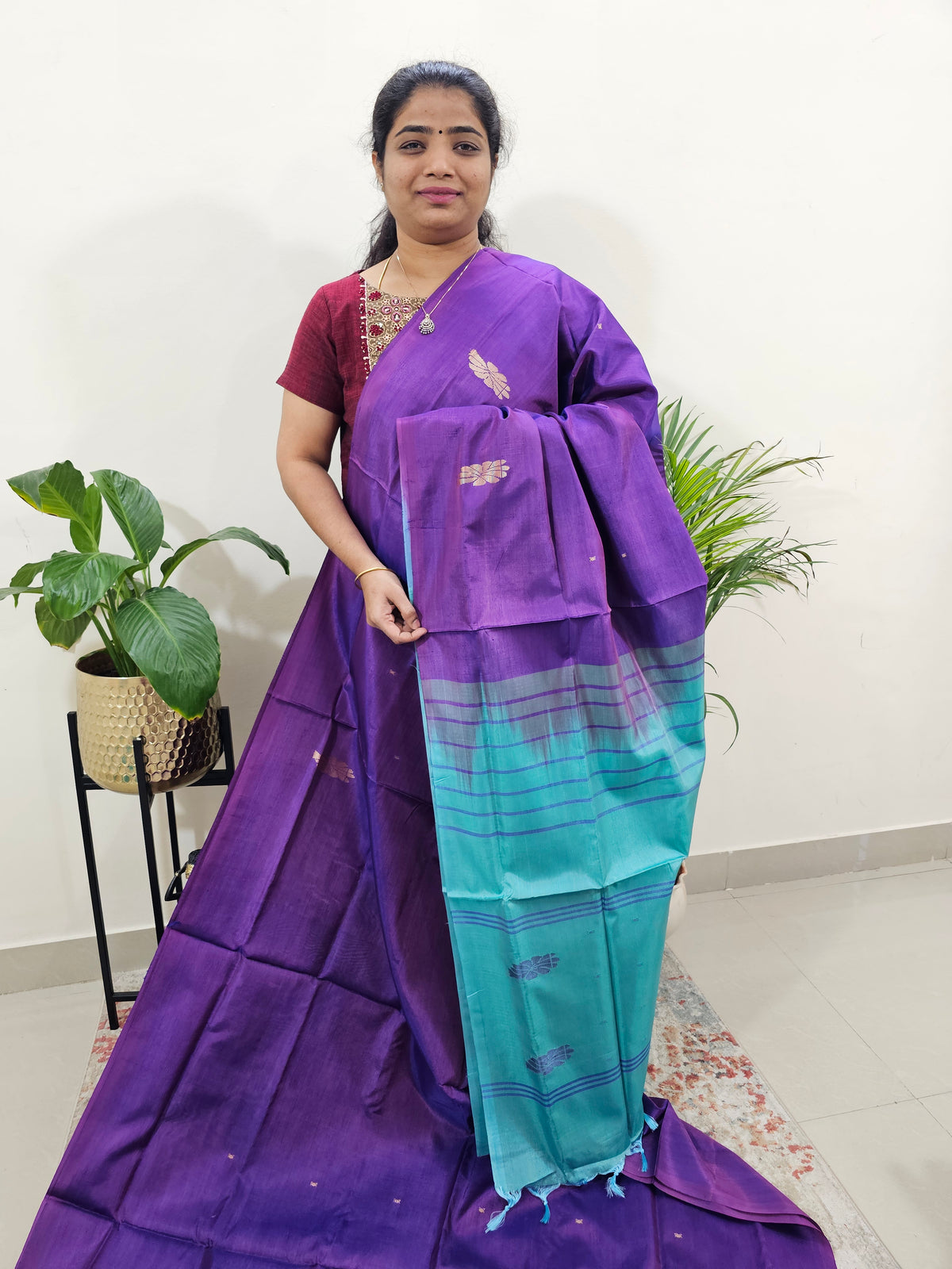 Purple with Sea Green Border Chinnalampattu Saree with Blouse