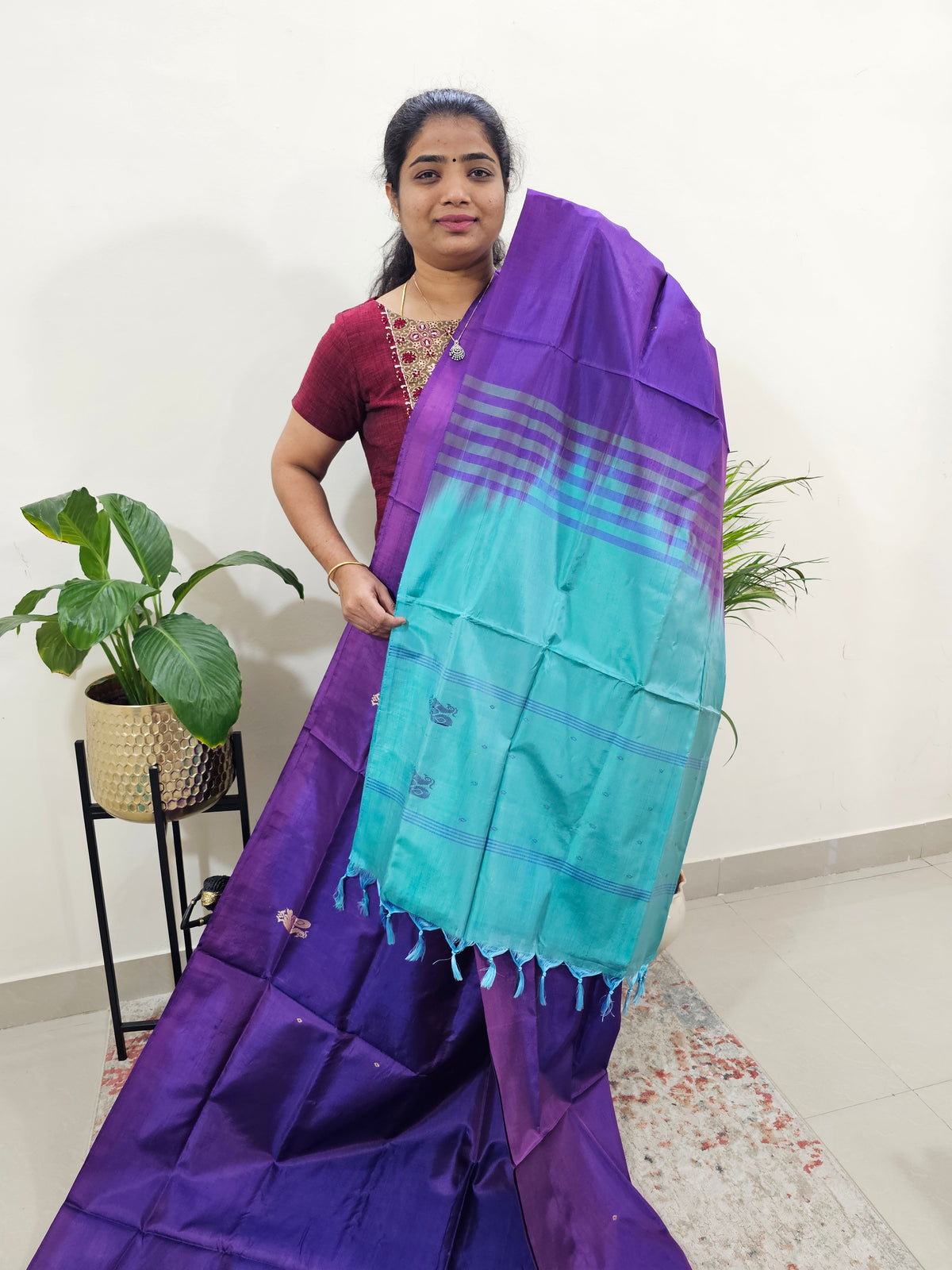 Purple with Sea Green Border Chinnalampattu Saree with Blouse