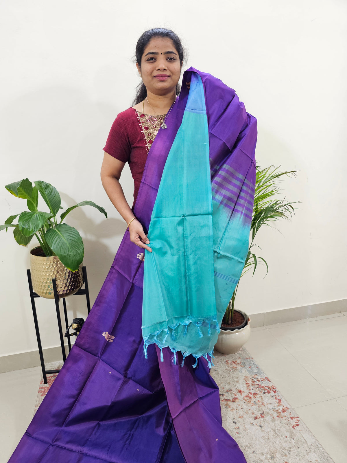 Purple with Sea Green Border Chinnalampattu Saree with Blouse