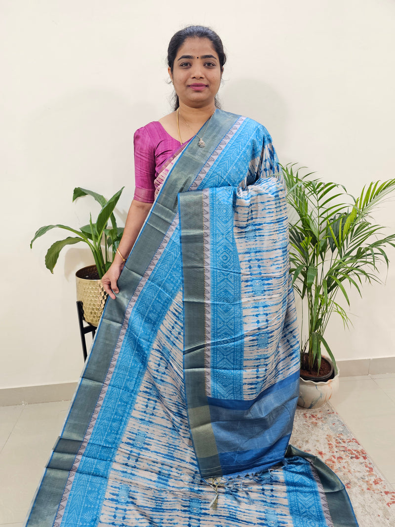 Soft Semi Tussar Digital Prints with Contrast Border - Blue