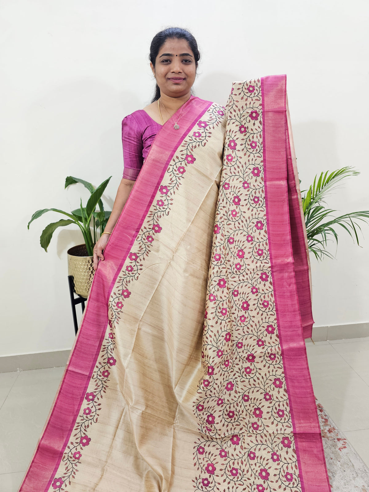 Semi Ghicha Floral Printed Saree - Pink