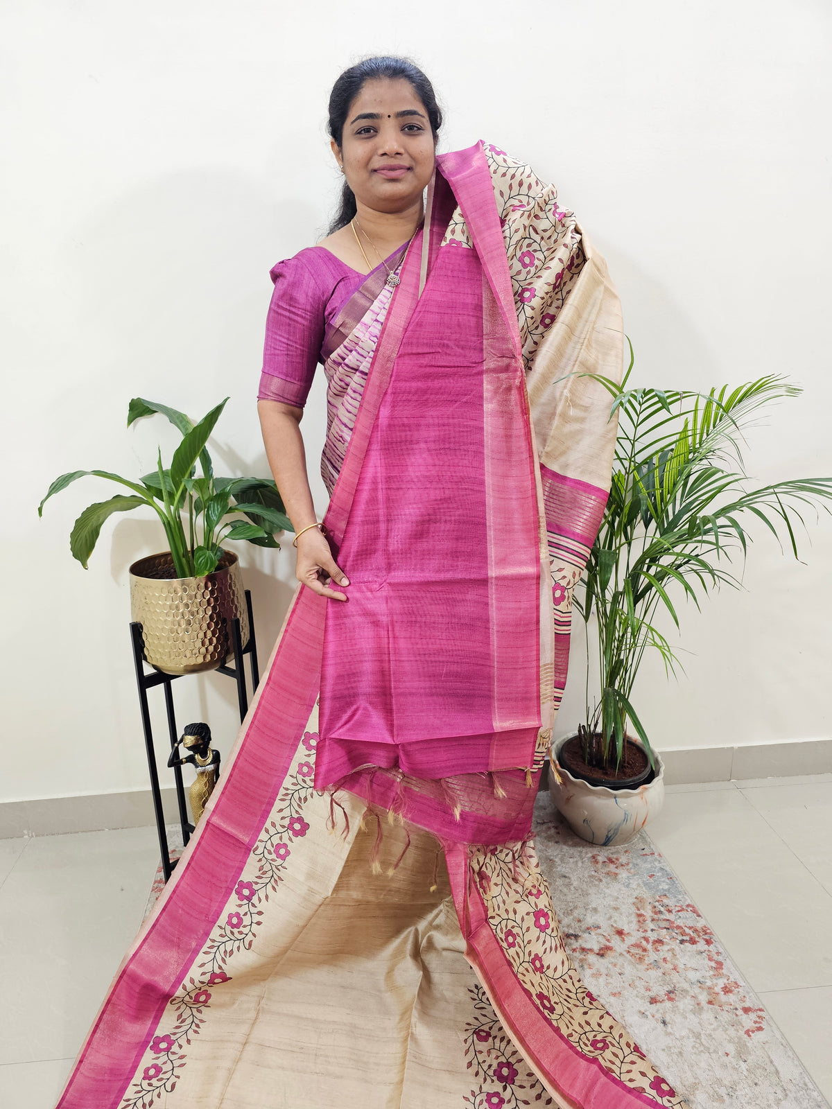 Semi Ghicha Floral Printed Saree - Pink