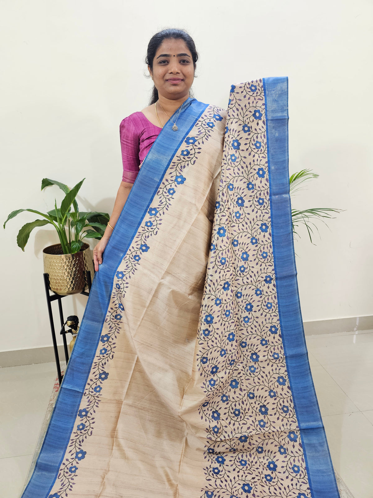 Semi Ghicha Floral Printed Saree - Blue