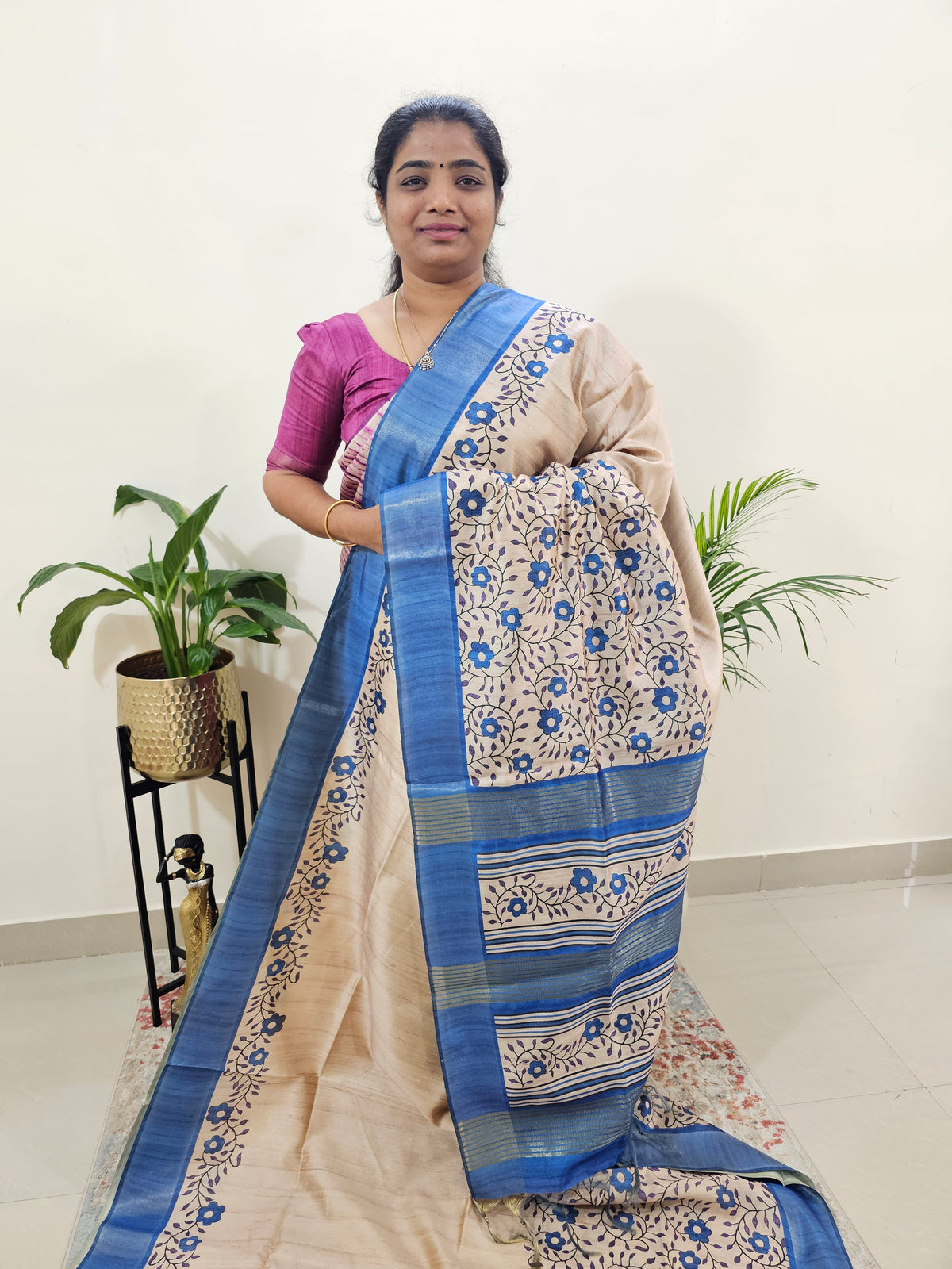 Semi Ghicha Floral Printed Saree - Blue