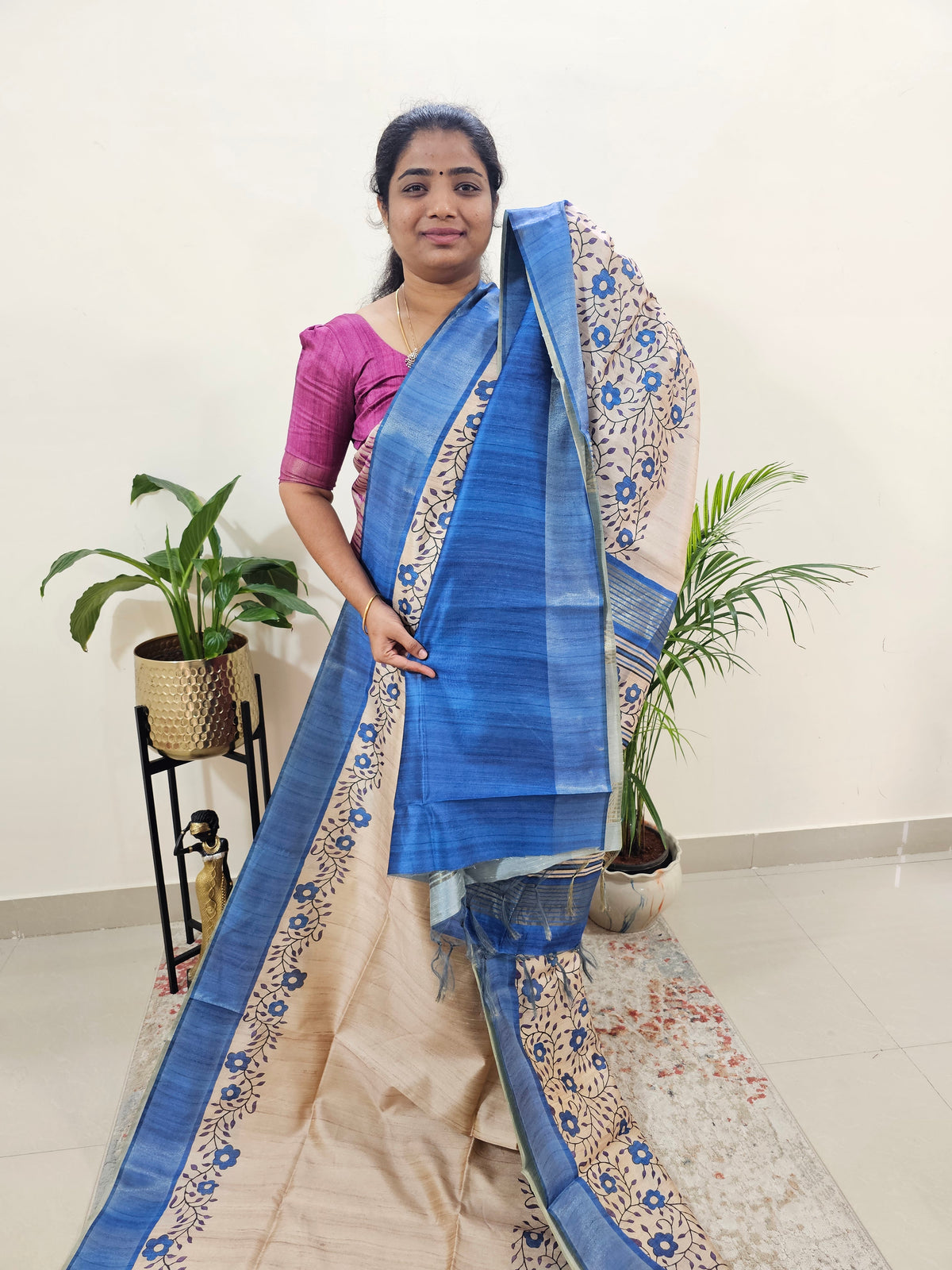 Semi Ghicha Floral Printed Saree - Blue