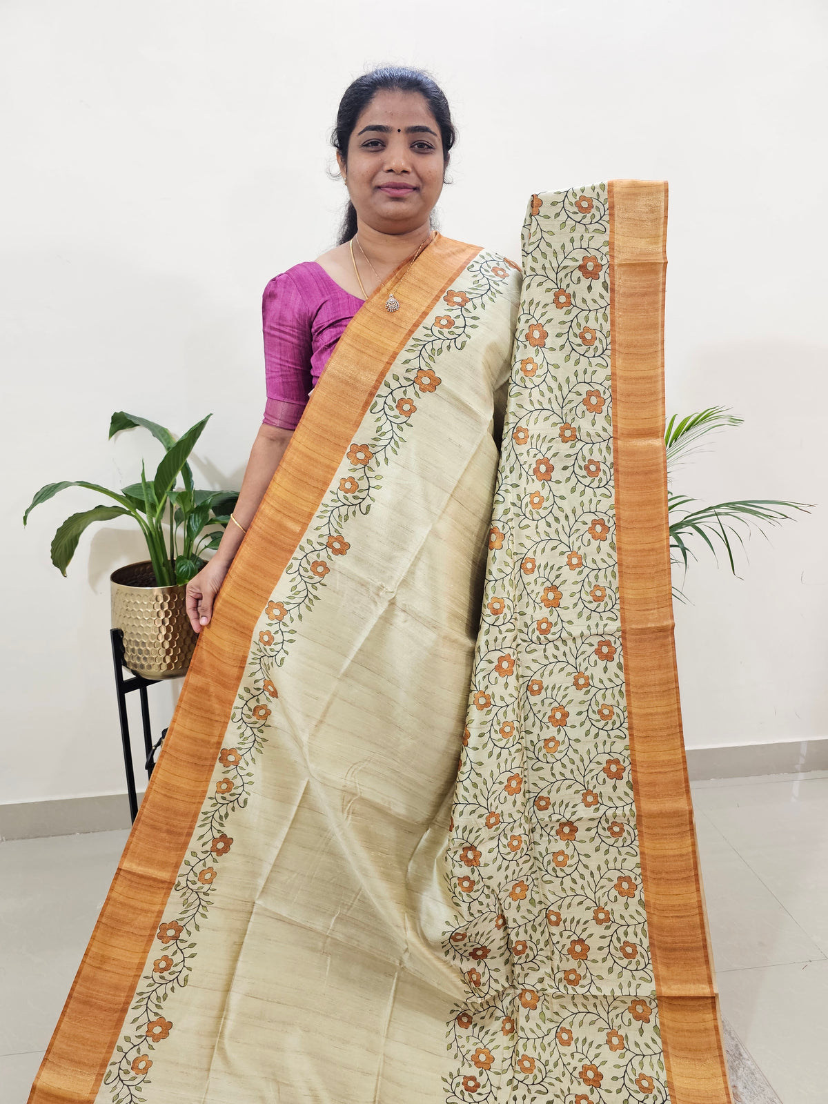 Semi Ghicha Floral Printed Saree - Mustard Yellow