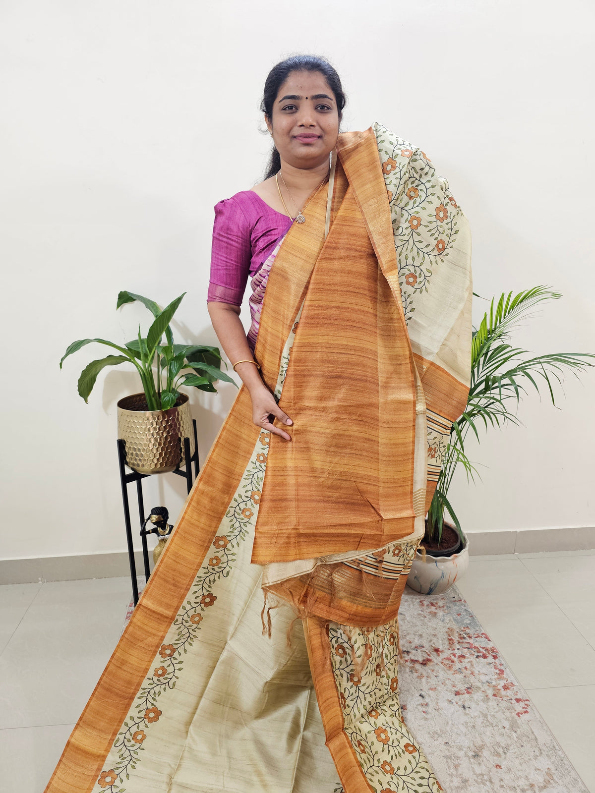 Semi Ghicha Floral Printed Saree - Mustard Yellow