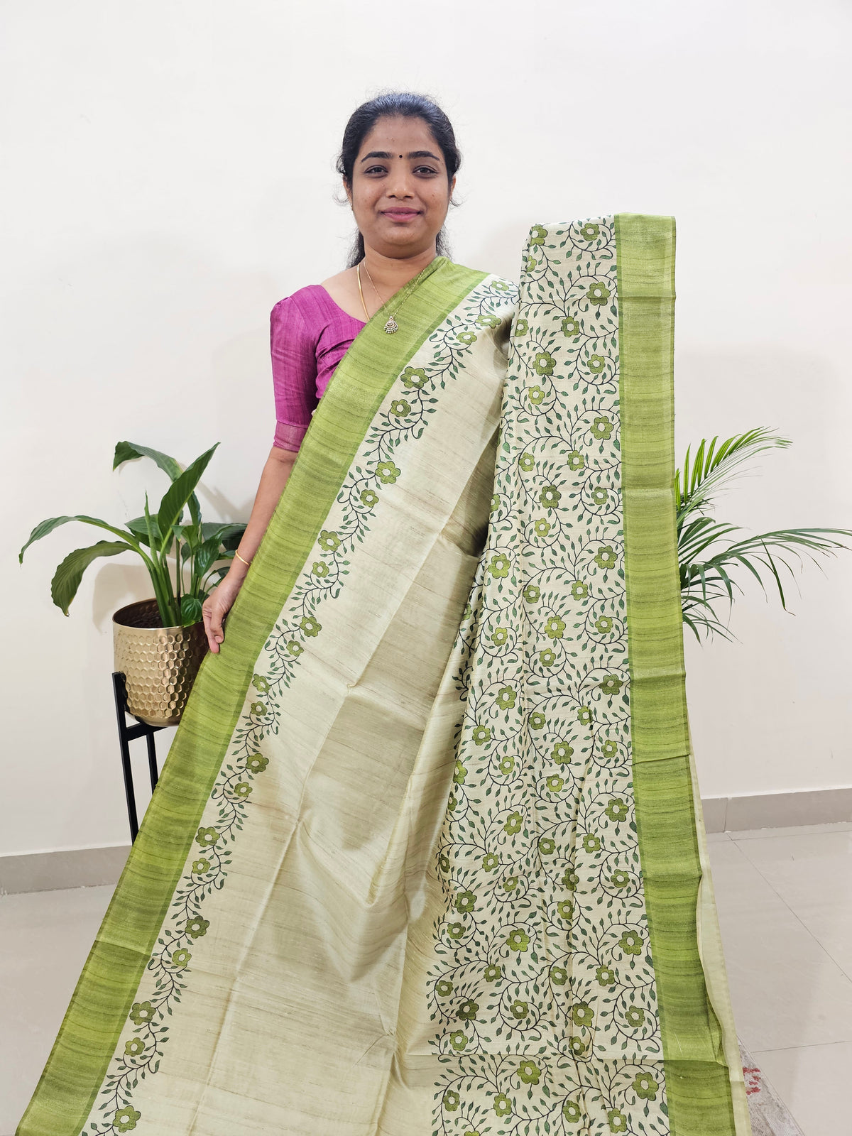 Semi Ghicha Floral Printed Saree - Green