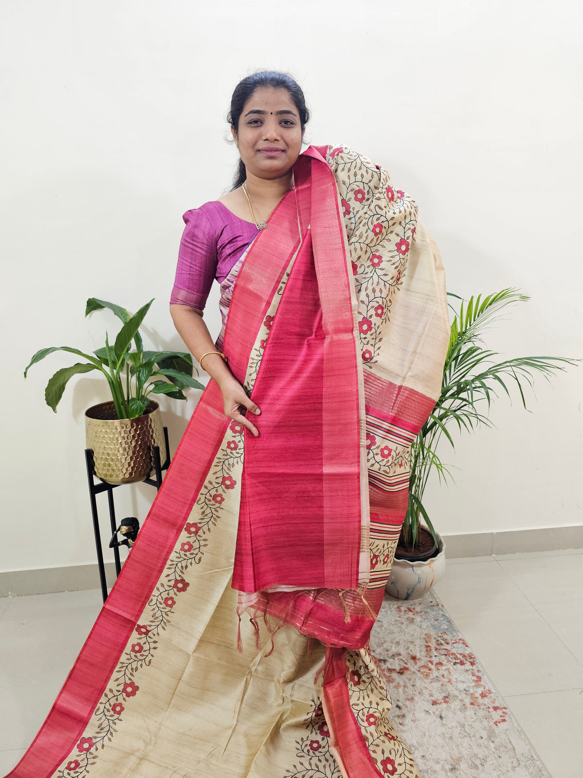 Semi Ghicha Floral Printed Saree - Red