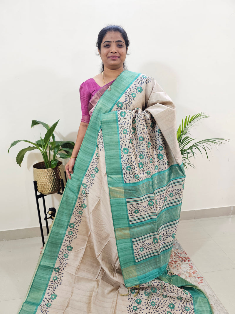 Semi Ghicha Floral Printed Saree - Sea Green