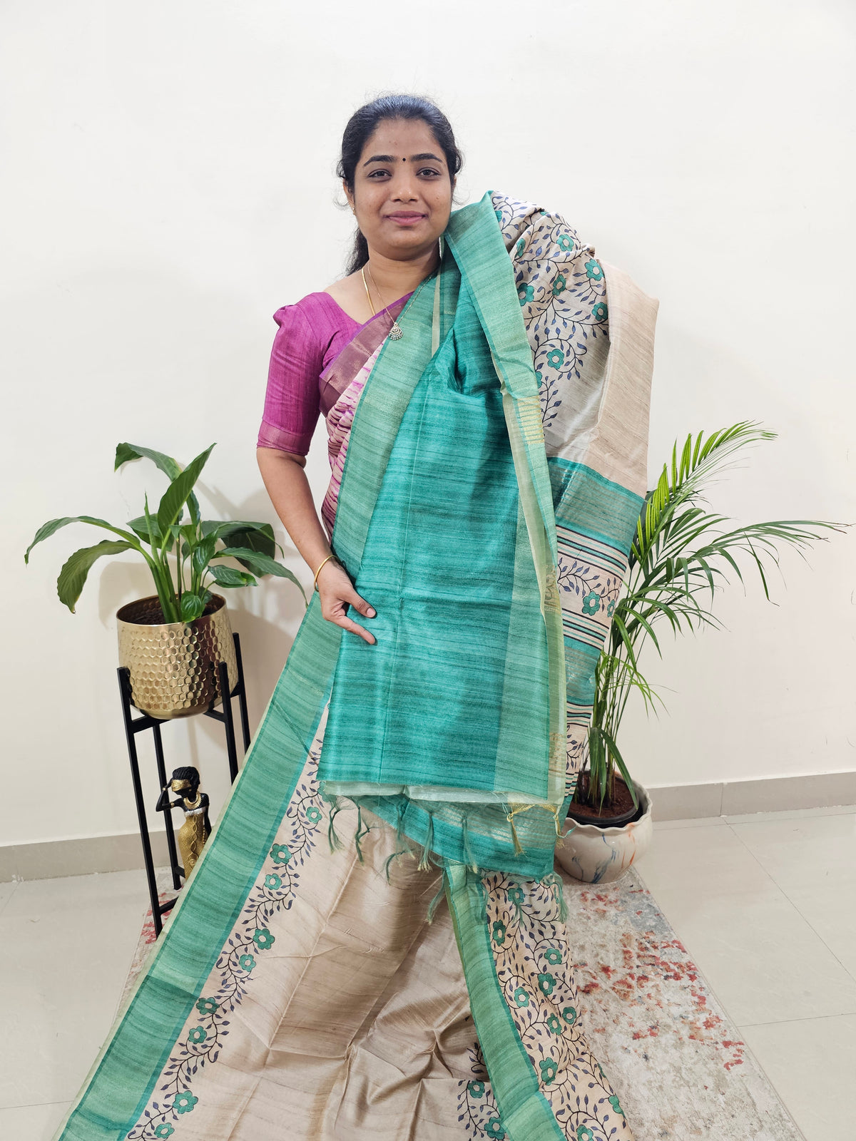 Semi Ghicha Floral Printed Saree - Sea Green