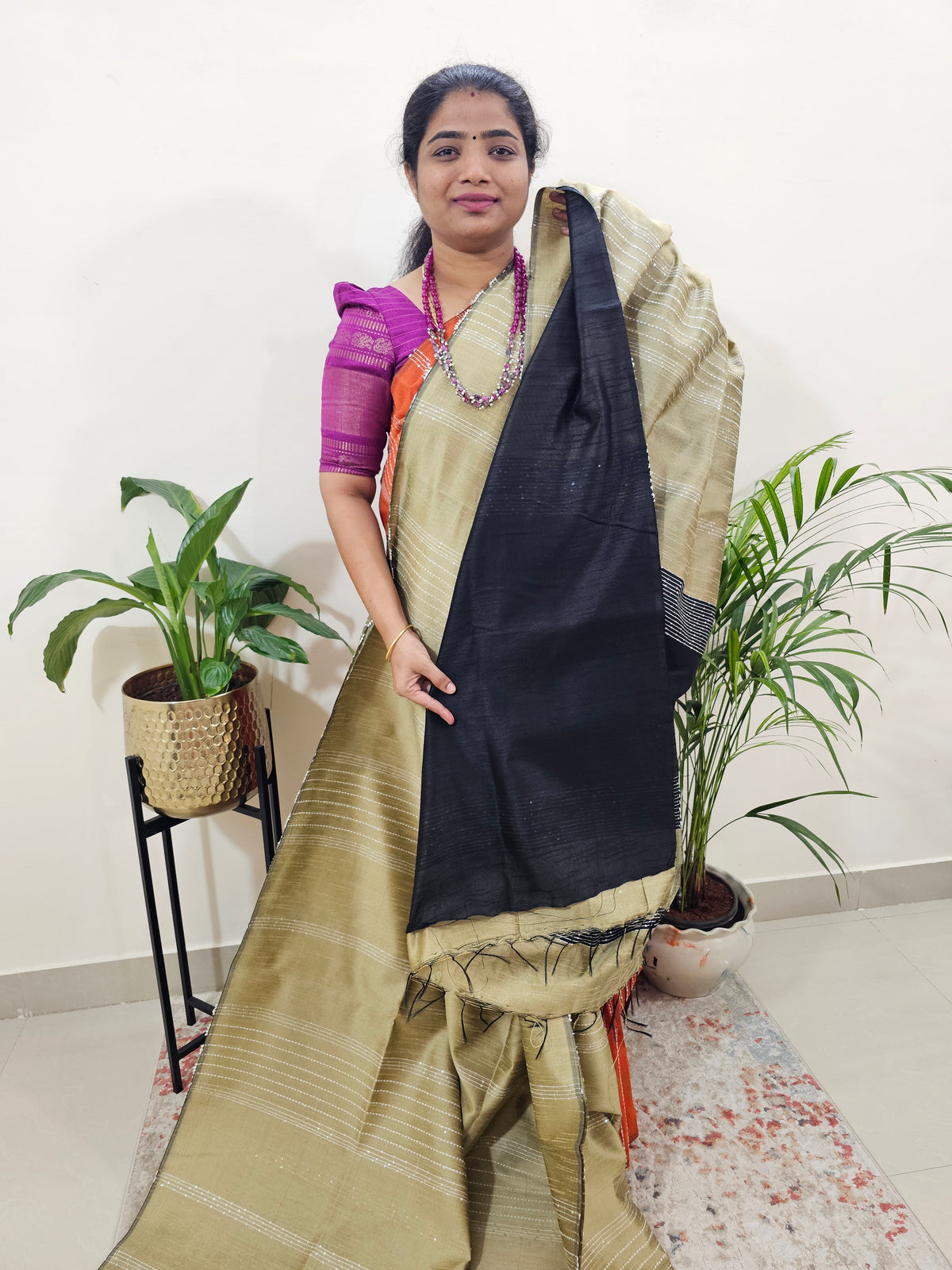 Raw Silk Saree - Beige with Black