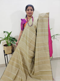 Raw Silk Saree - Beige with Pink