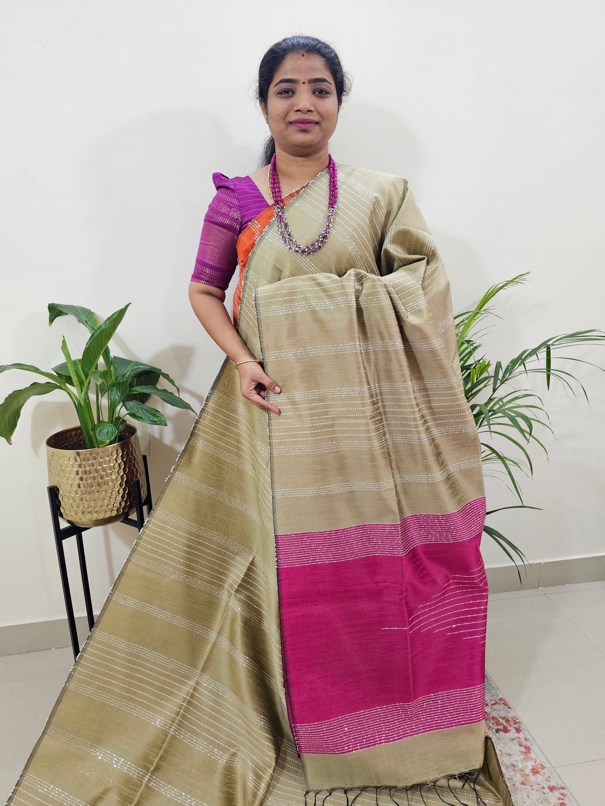 Raw Silk Saree - Beige with Pink