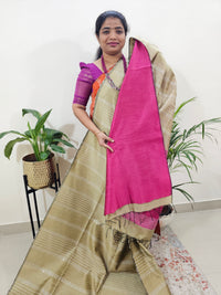 Raw Silk Saree - Beige with Pink