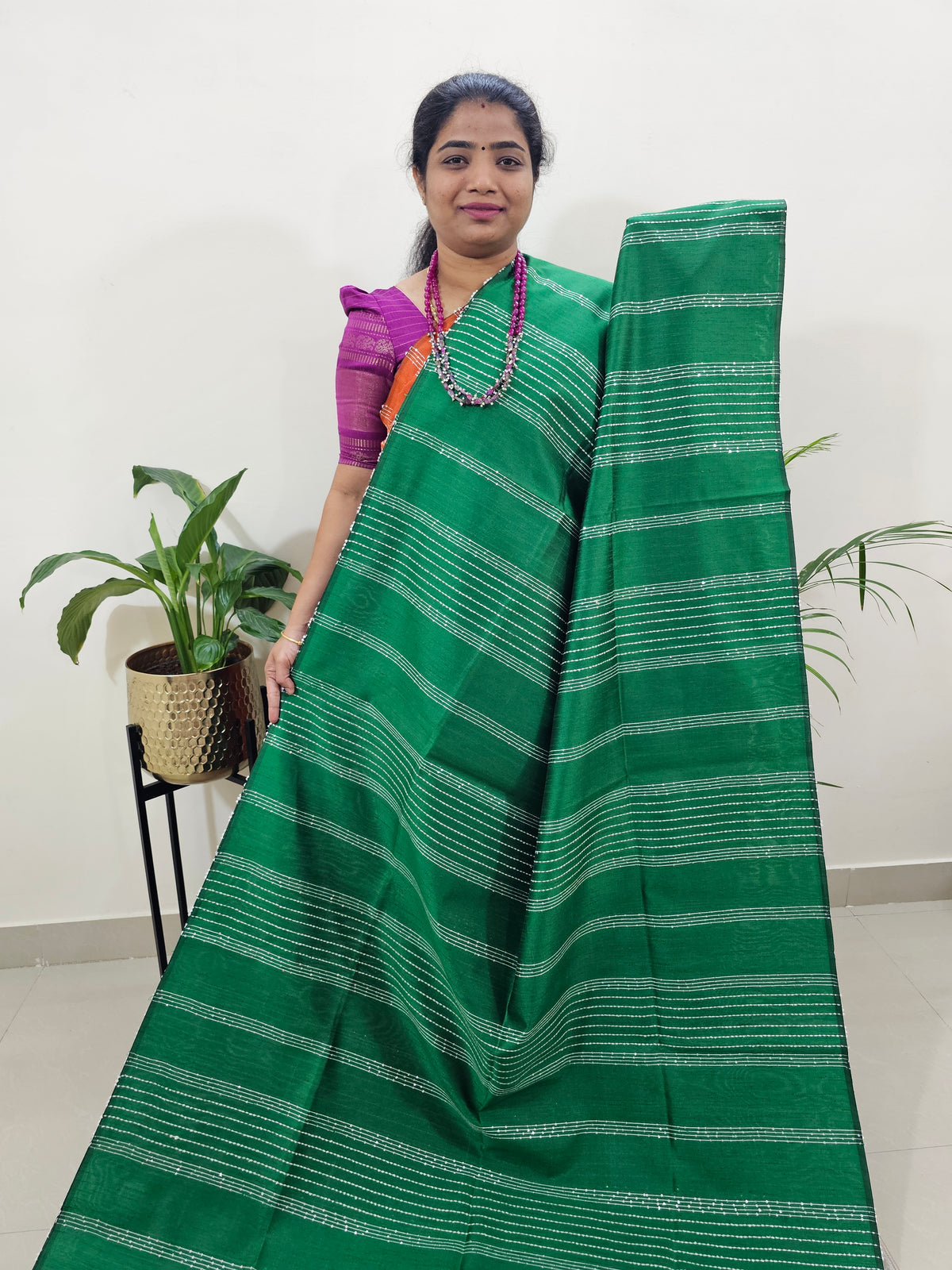 Raw Silk Saree - Dark Green with Red