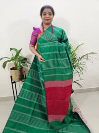 Raw Silk Saree - Dark Green with Red