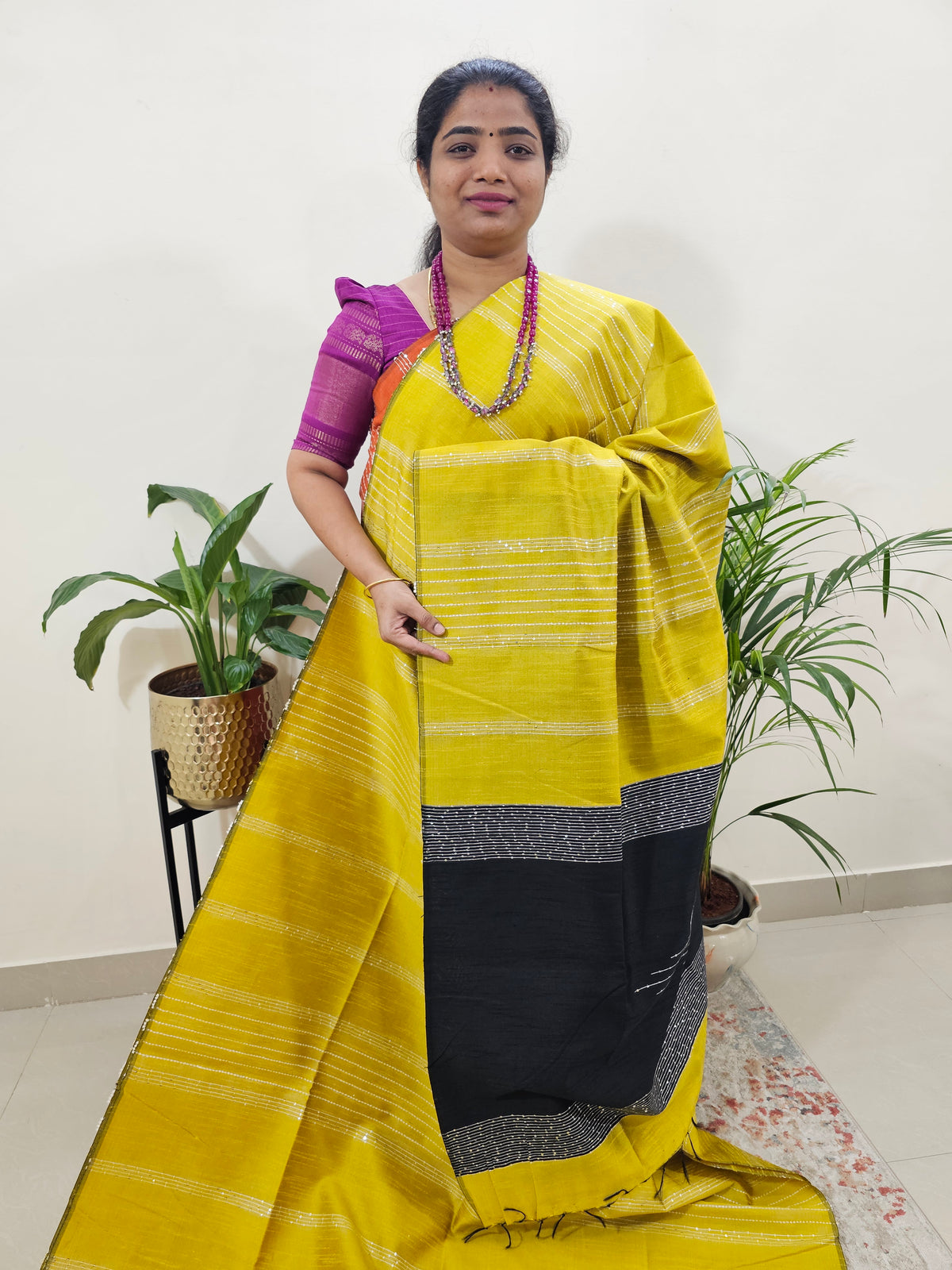 Raw Silk Saree - Yellow with Black