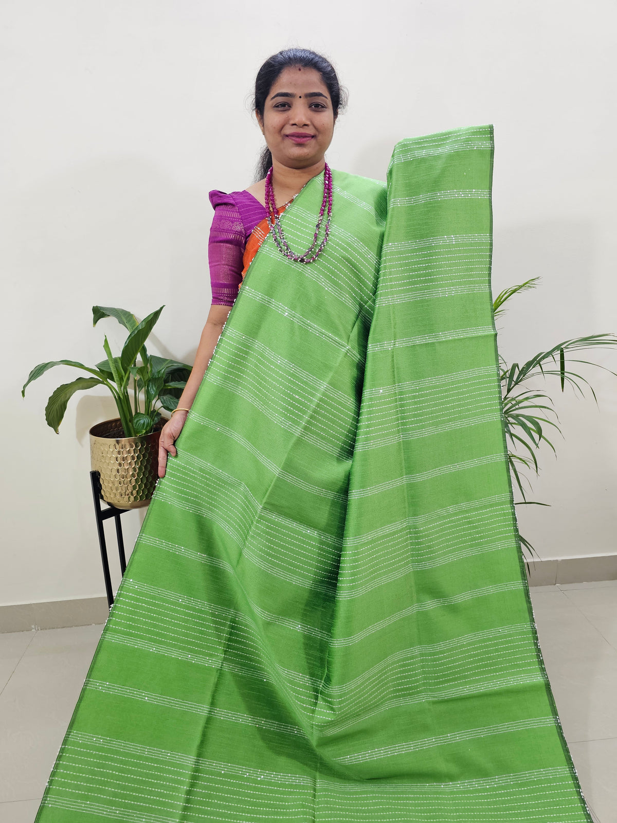 Raw Silk Saree - Parrot Green with Black