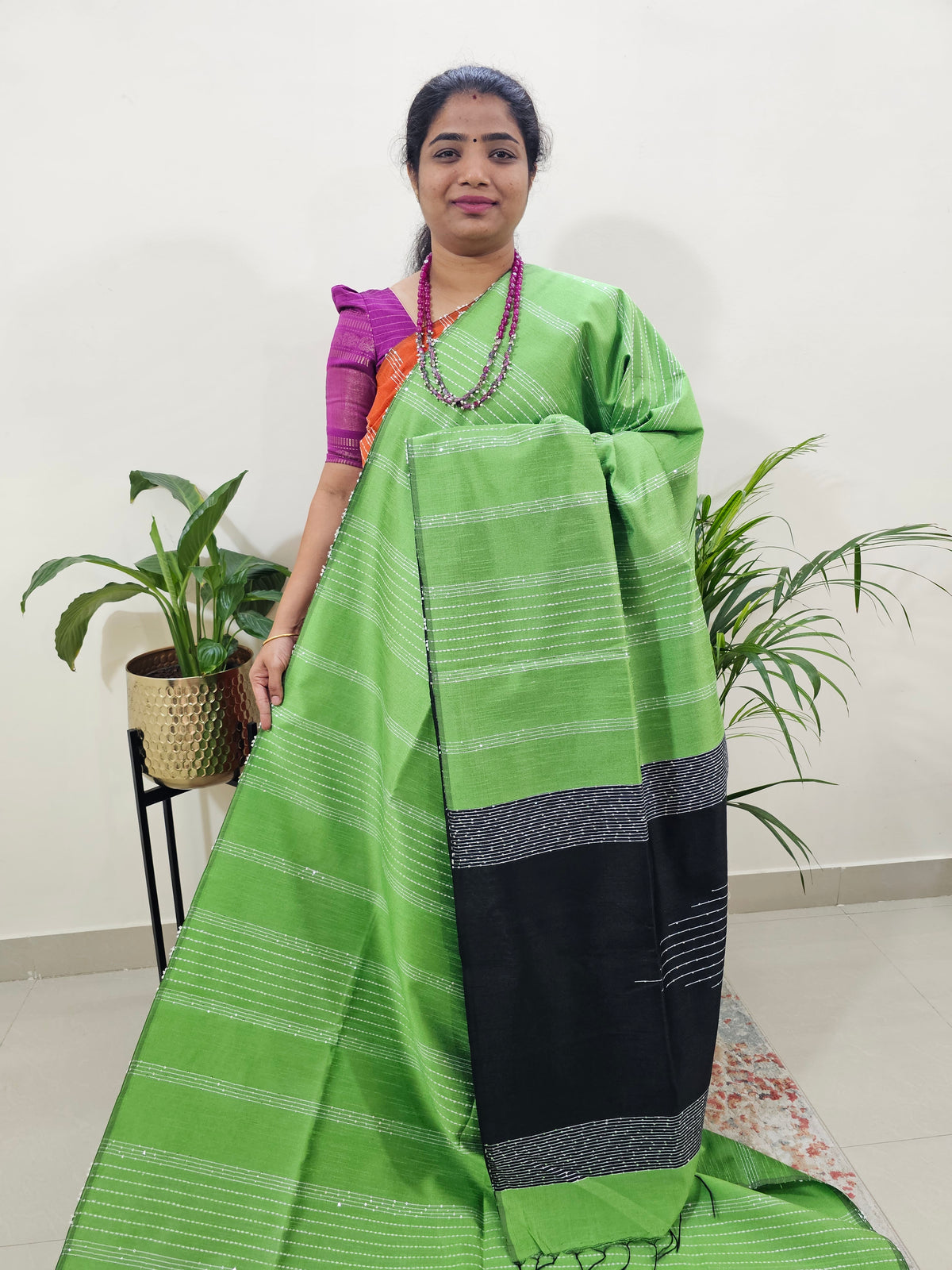 Raw Silk Saree - Parrot Green with Black