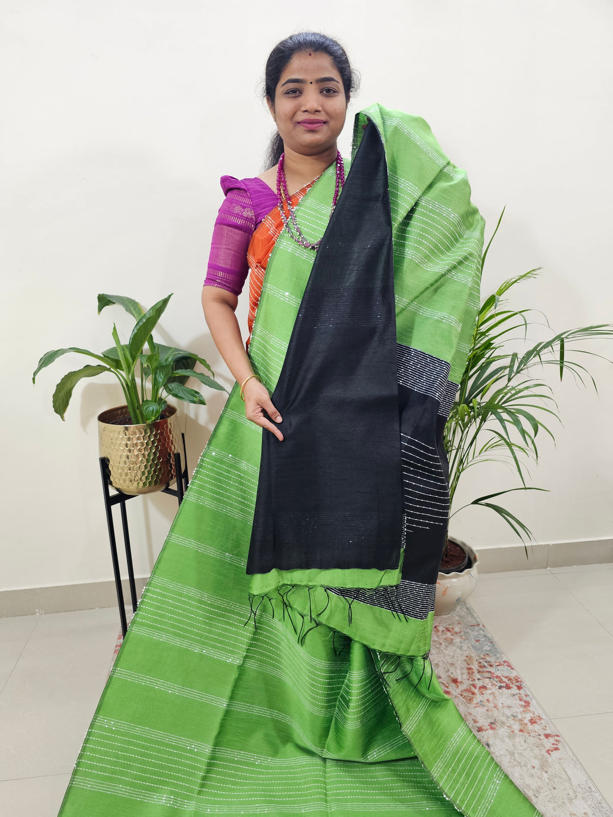 Raw Silk Saree - Parrot Green with Black