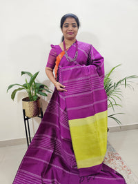 Raw Silk Saree - Magenta Pink with Lime Yellow