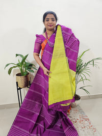 Raw Silk Saree - Magenta Pink with Lime Yellow