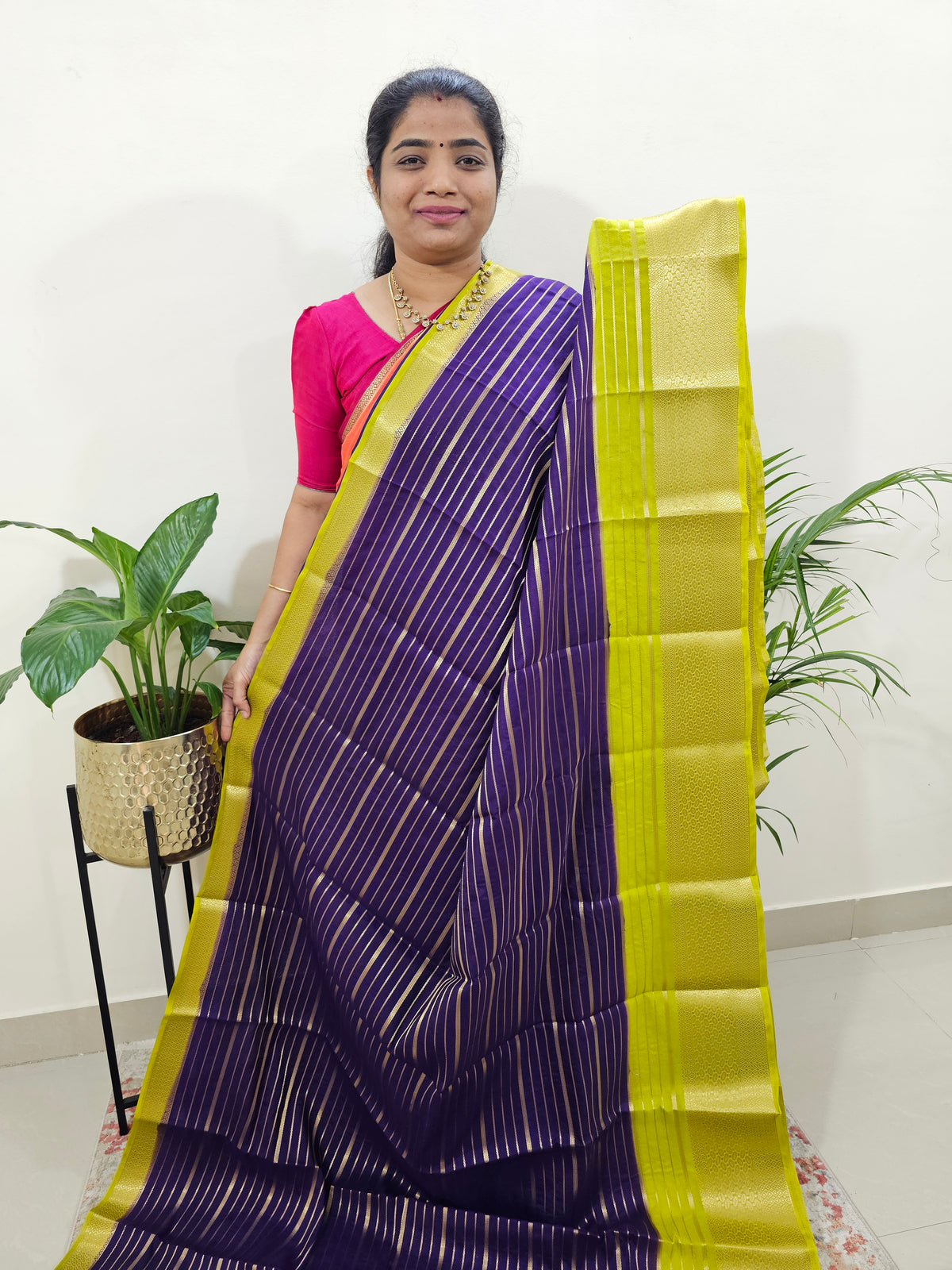 Semi Tussar Georgette with Zari Woven Saree Border - Purple with Green