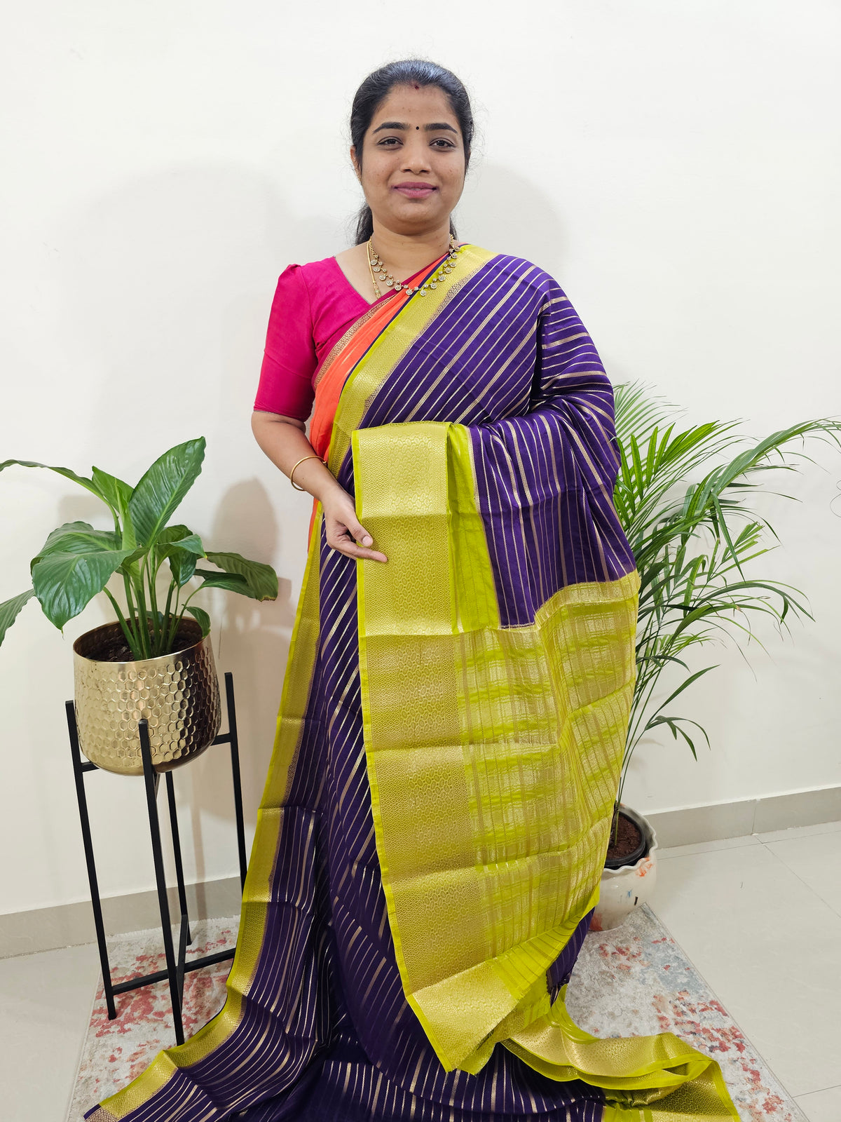 Semi Tussar Georgette with Zari Woven Saree Border - Purple with Green