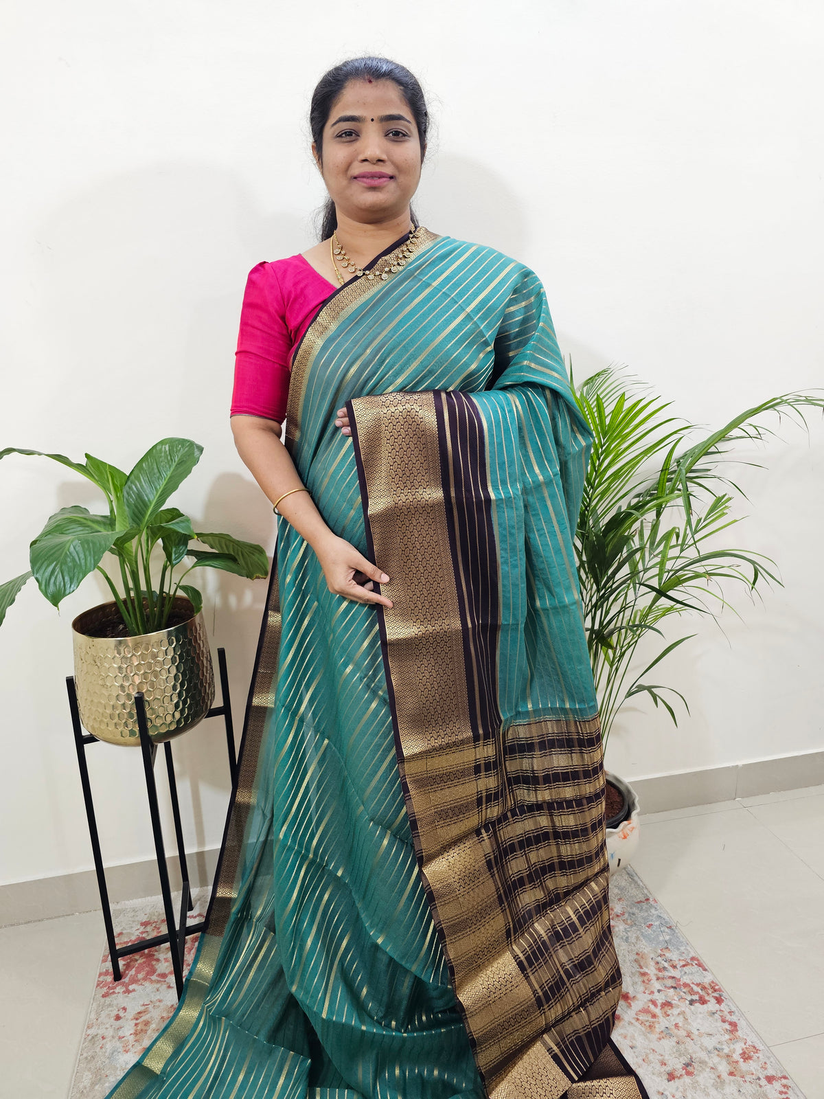 Semi Tussar Georgette with Zari Woven Saree Border - Sea Green with Brown