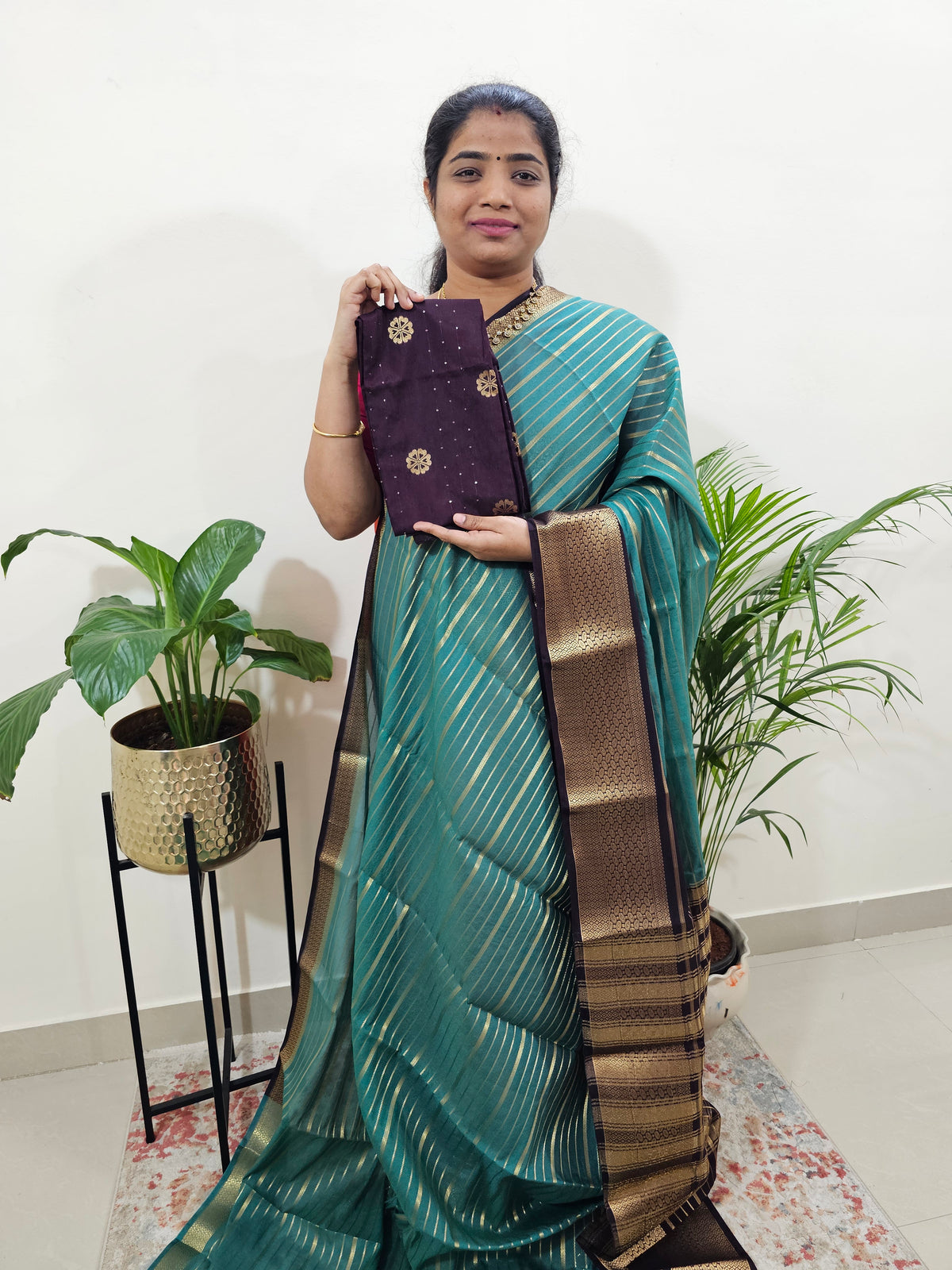 Semi Tussar Georgette with Zari Woven Saree Border - Sea Green with Brown