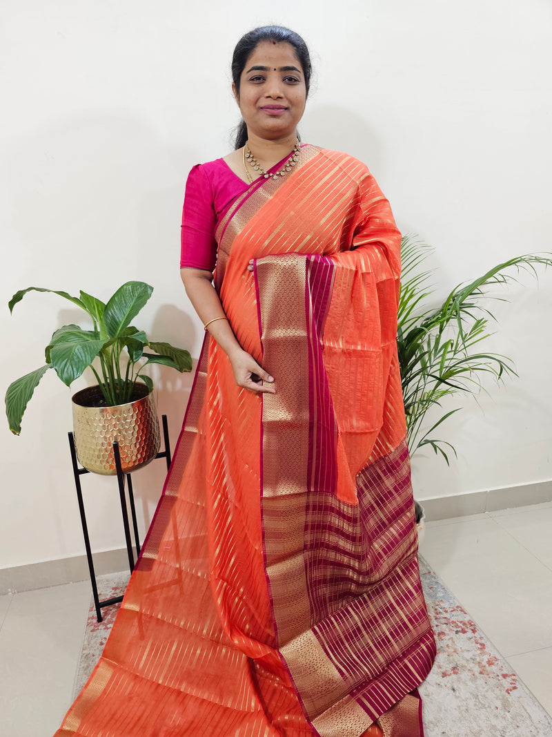 Semi Tussar Georgette with Zari Woven Saree Border -  Orange  with Pink