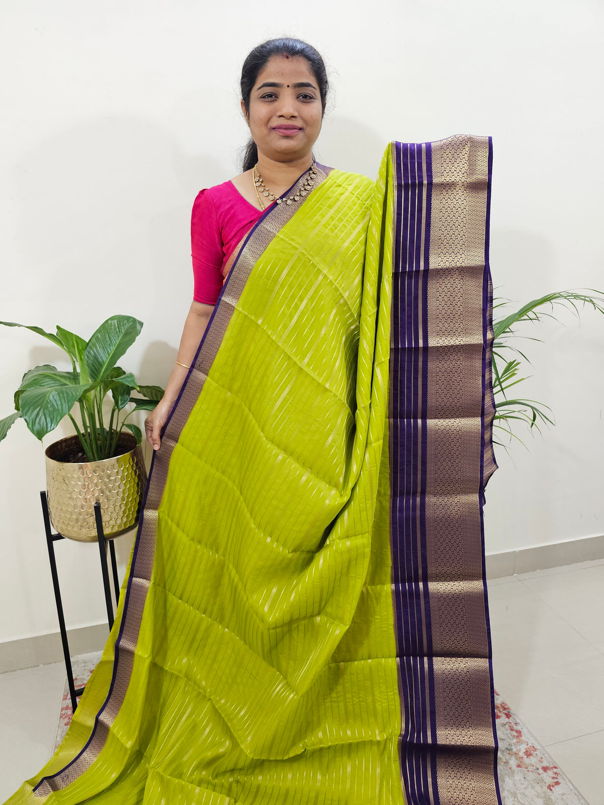 Semi Tussar Georgette with Zari Woven Saree Border - Green with Purple