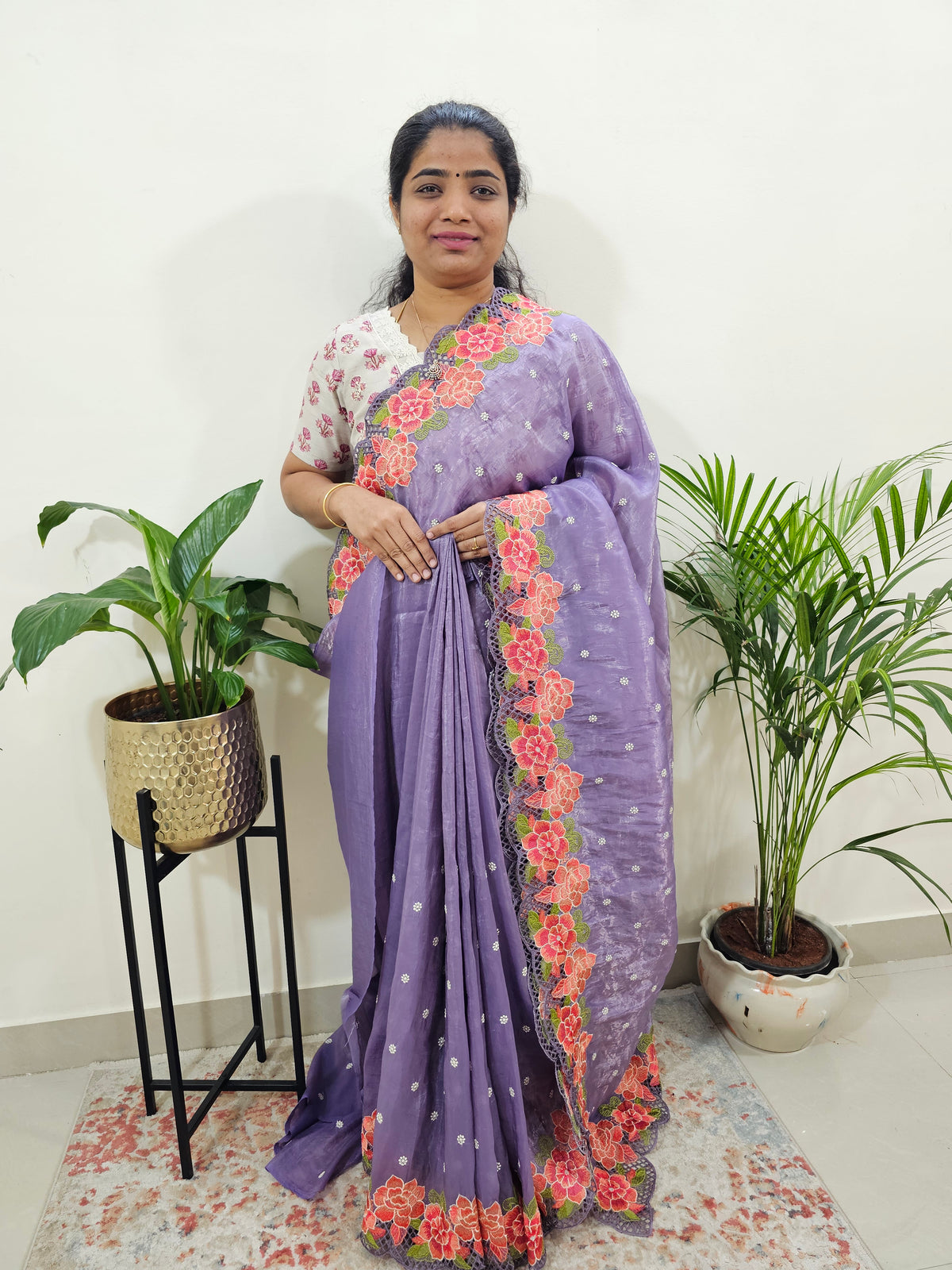 Premium Crushed Designer Soft Saree with Emboridery CutWork - Dark Lavender