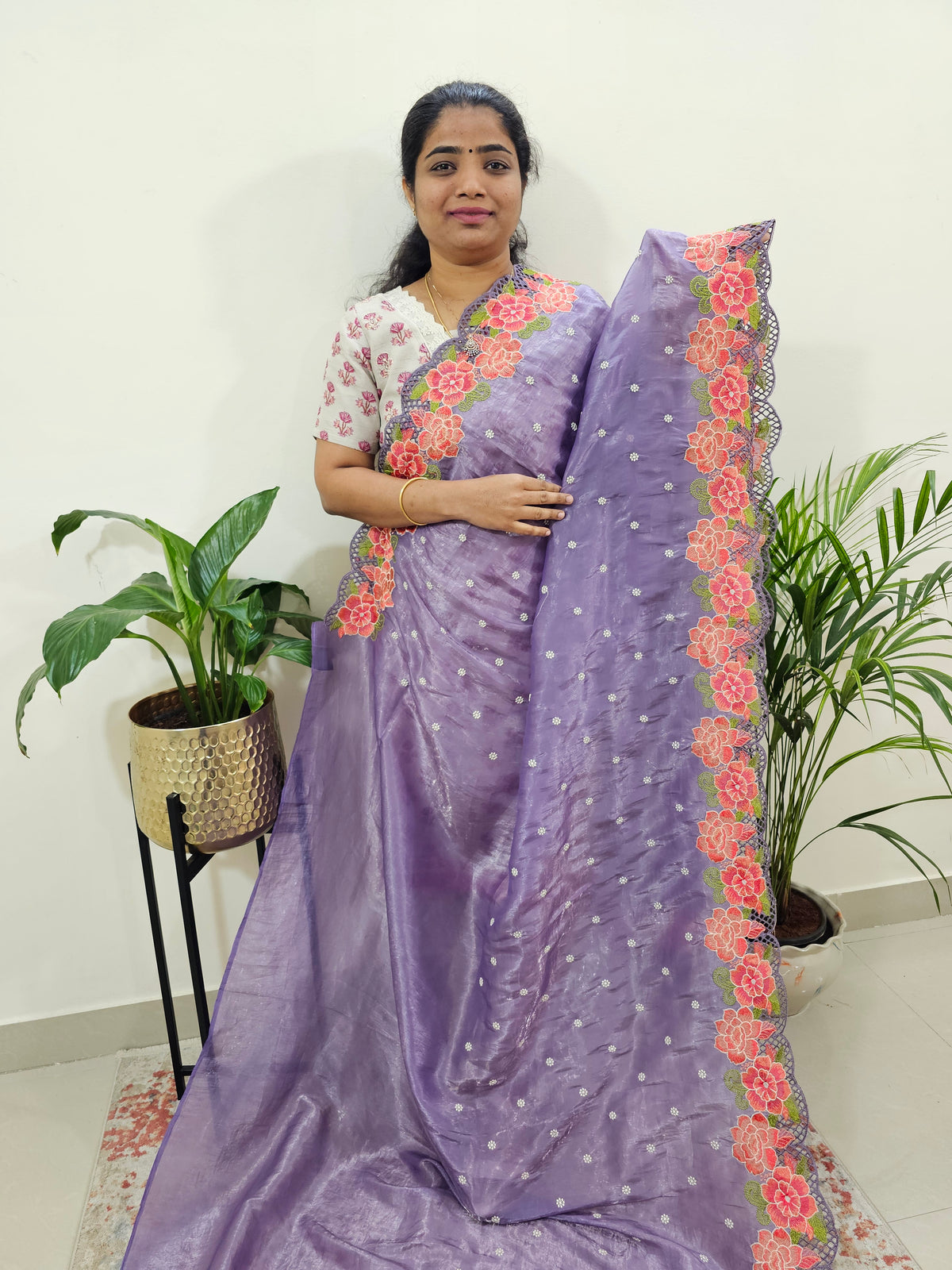 Premium Crushed Designer Soft Saree with Emboridery CutWork - Dark Lavender