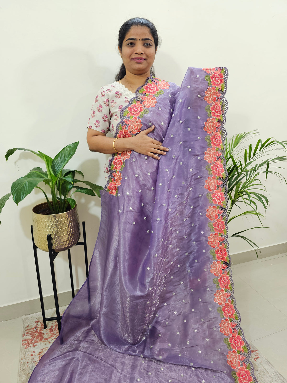 Premium Crushed Designer Soft Saree with Emboridery CutWork - Dark Lavender