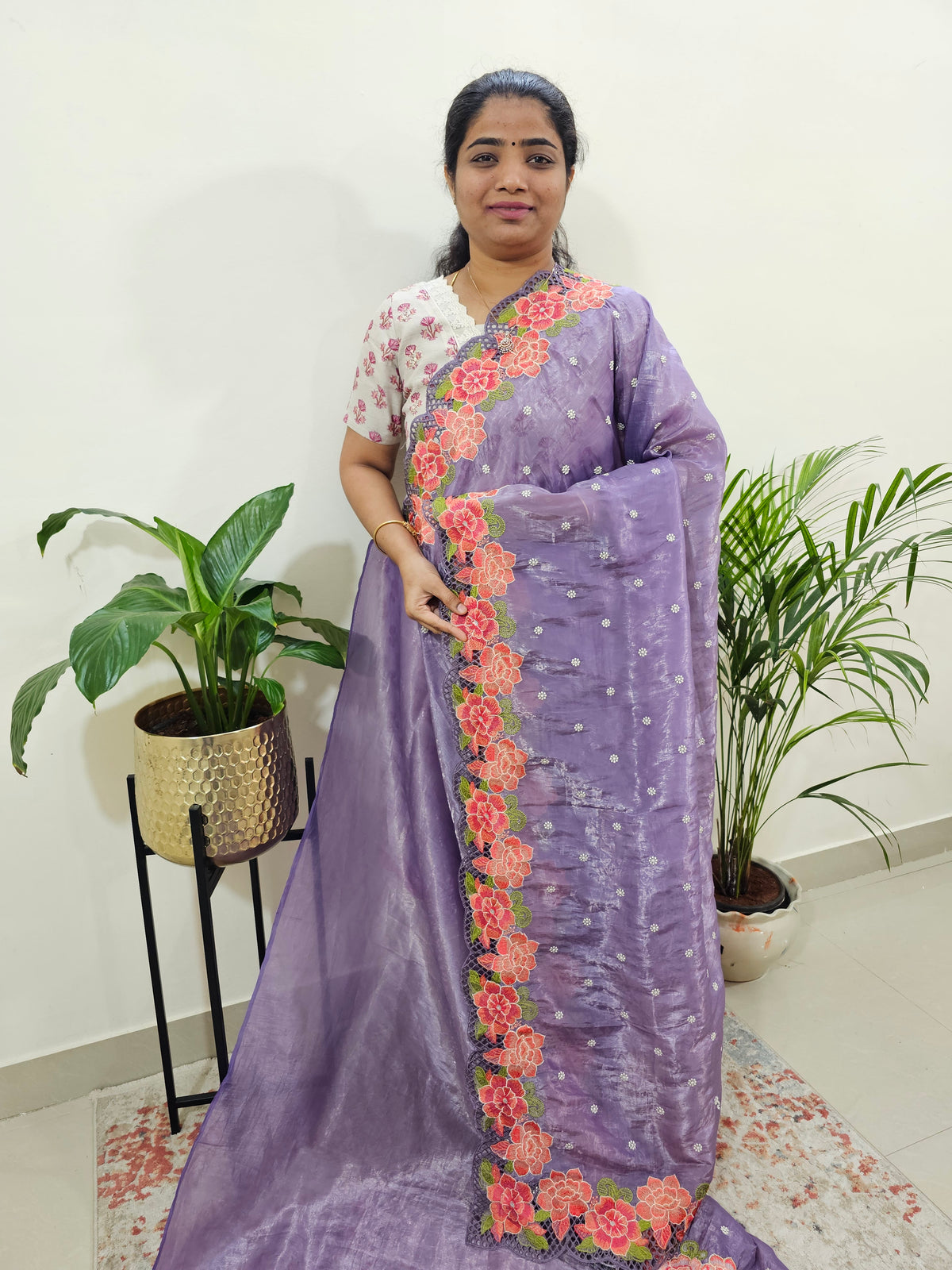 Premium Crushed Designer Soft Saree with Emboridery CutWork - Dark Lavender