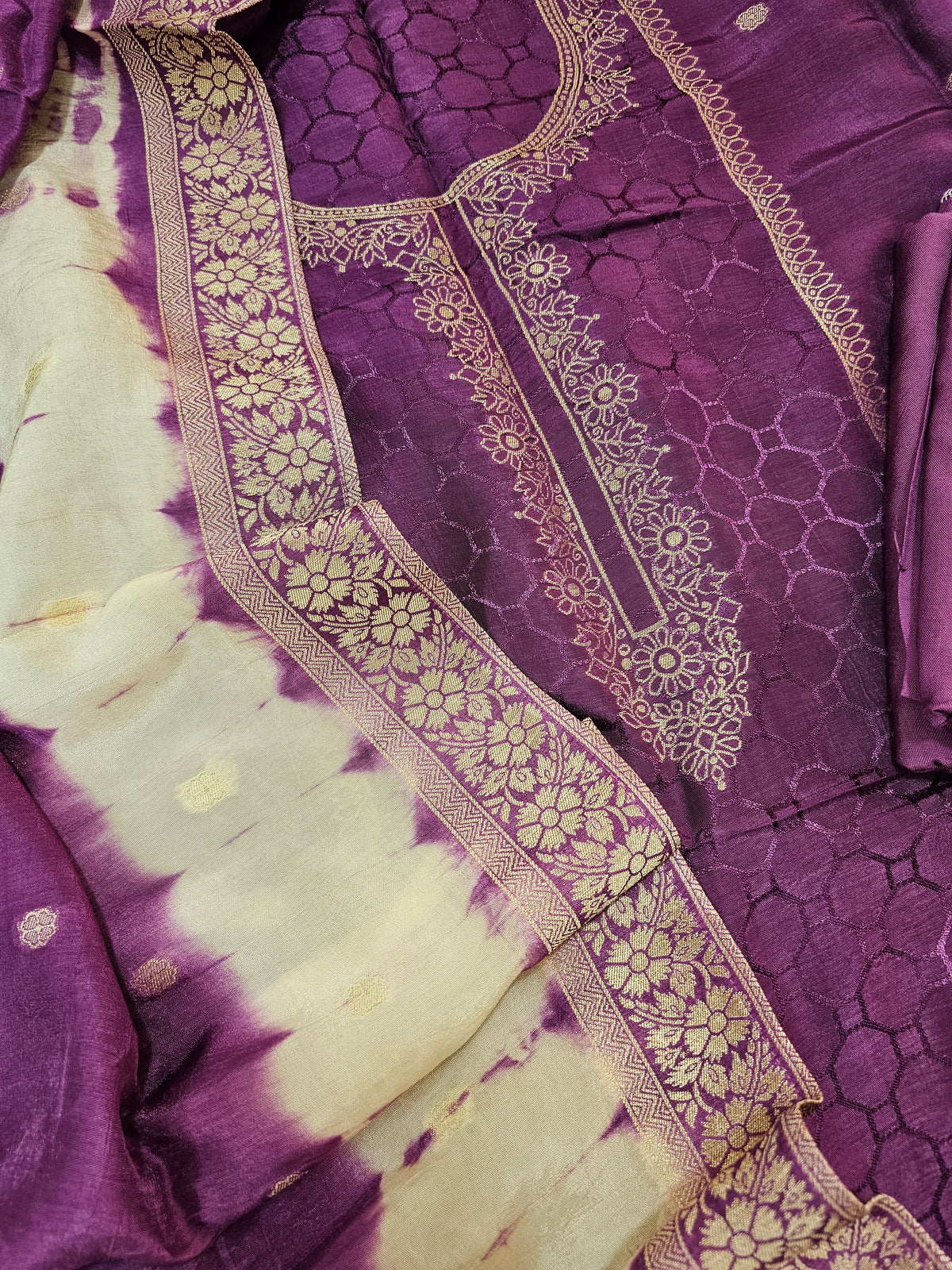 Dola Silk Weave Unstitched Salwar Suit  - Purple Cream