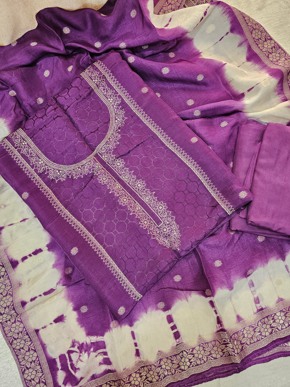 Dola Silk Weave Unstitched Salwar Suit  - Purple Cream