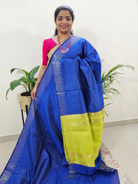 Premium Semi Raw Silk Saree - Royal Blue with Lime Yellow