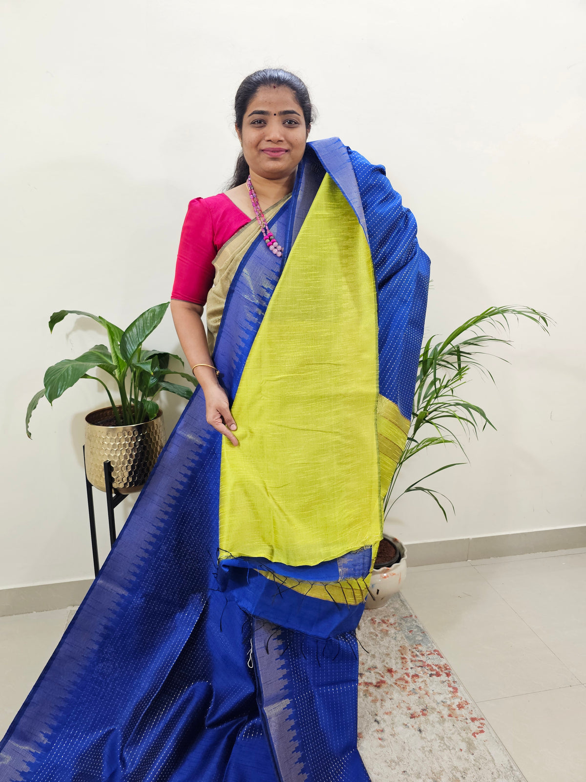 Premium Semi Raw Silk Saree - Royal Blue with Lime Yellow