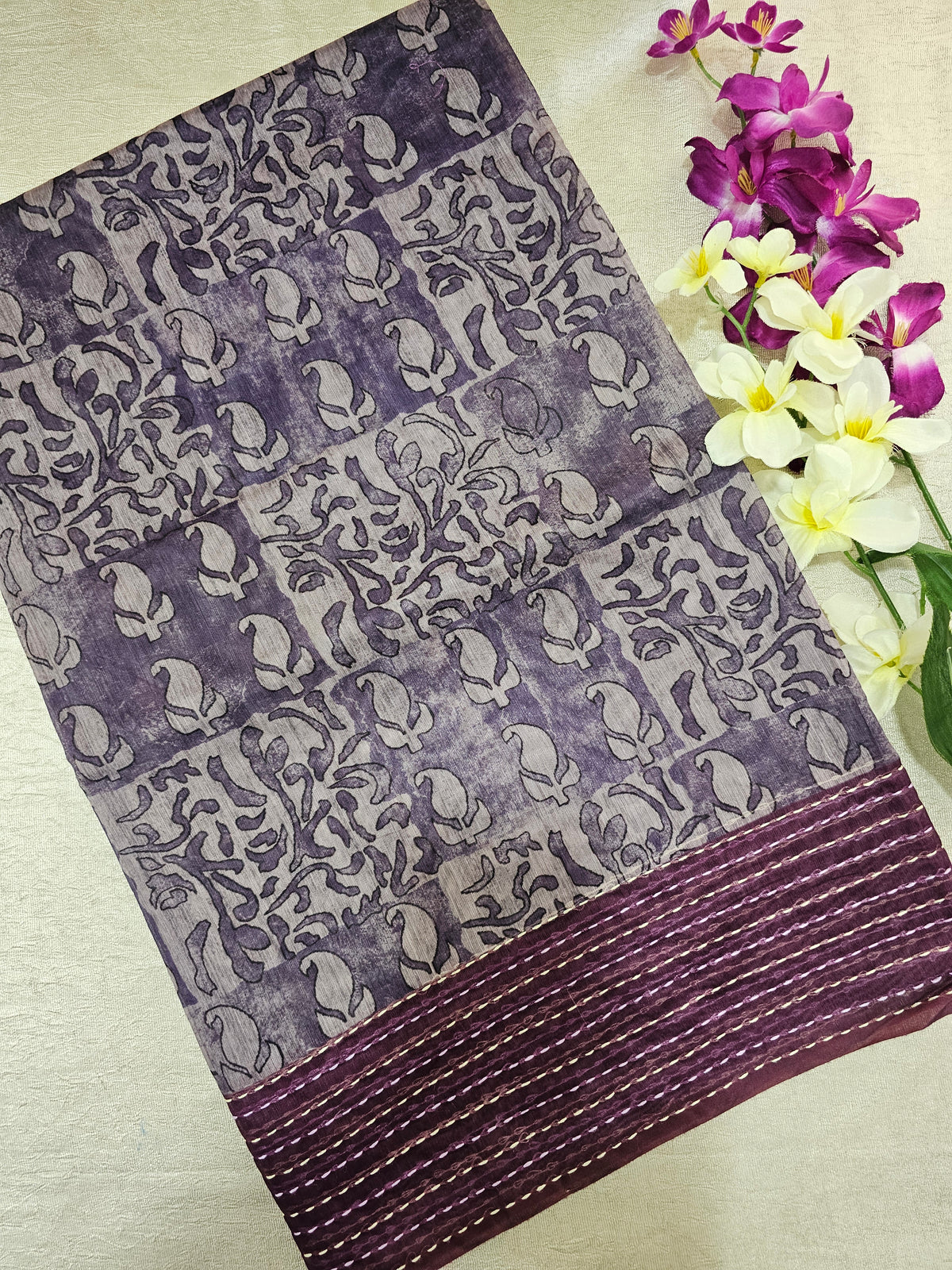 Chanderi Saree with Katha  - Dark Purple